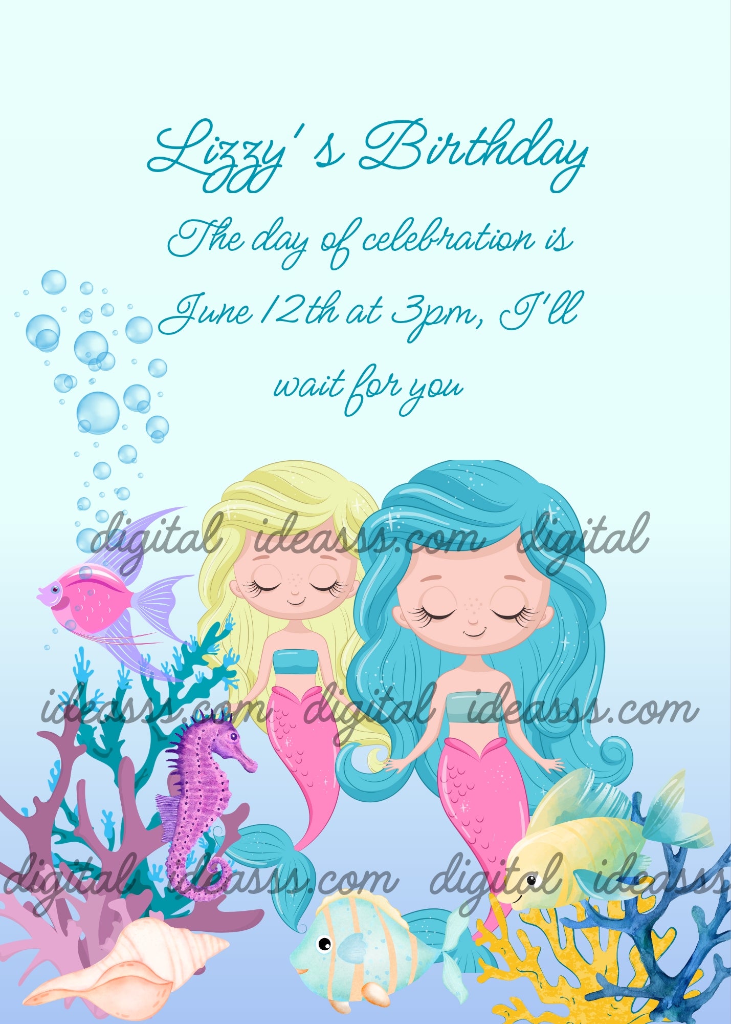 Funny little mermaid sisters with colorful hair, swim together among little fish and corals. Printable birthday card for
girls 3-10.