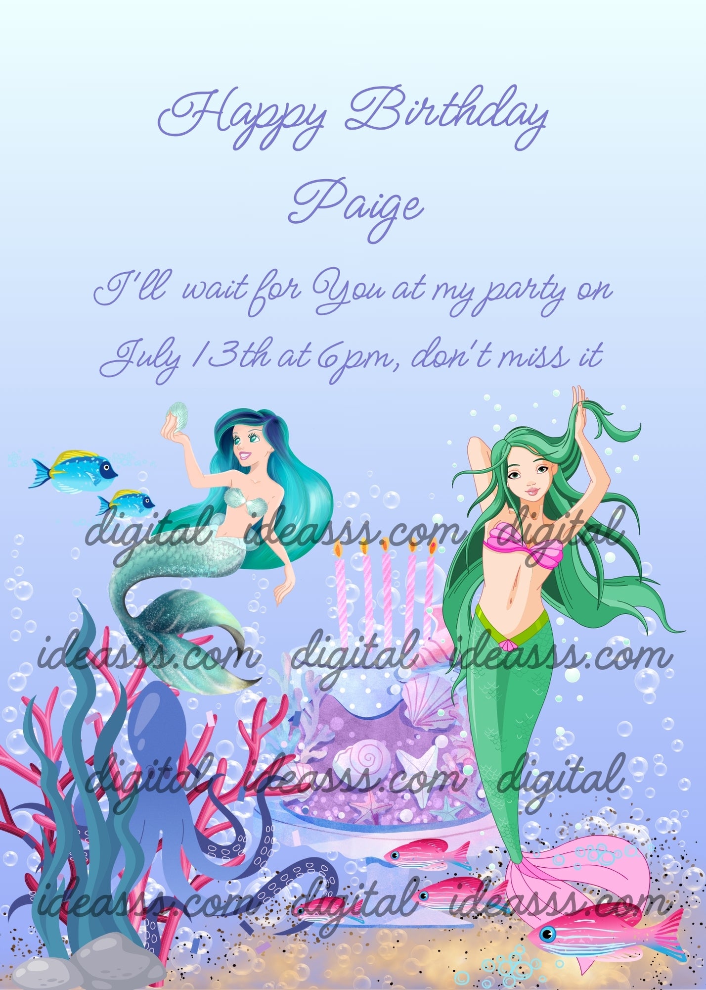 Mermaids with green and blue hair celebrate a birthday with cake and candles. Printable birthday card for girls 10-14.