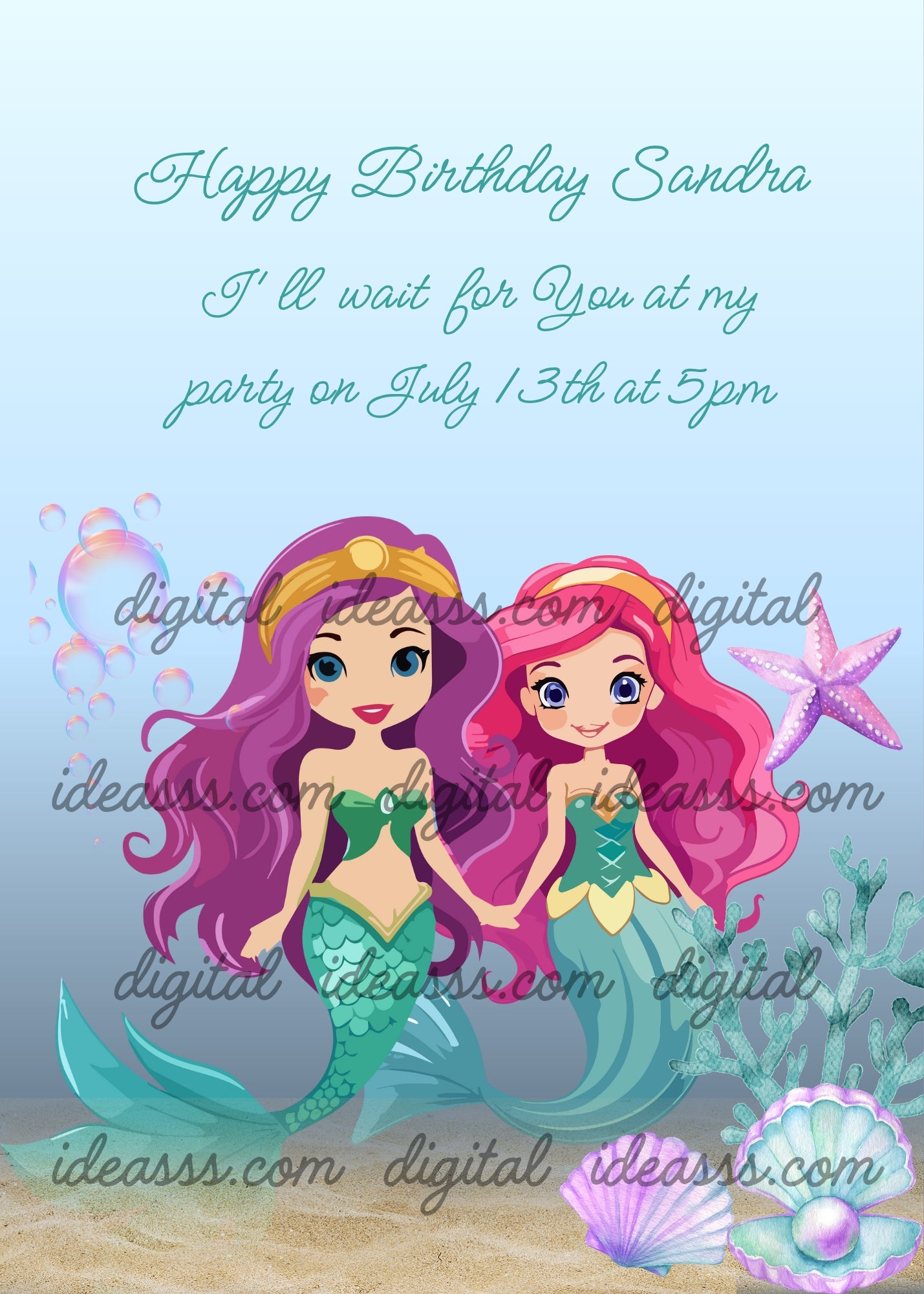 Two mermaids holding hands, swimming near the seabed. Printable birthday card for girls 9-14.