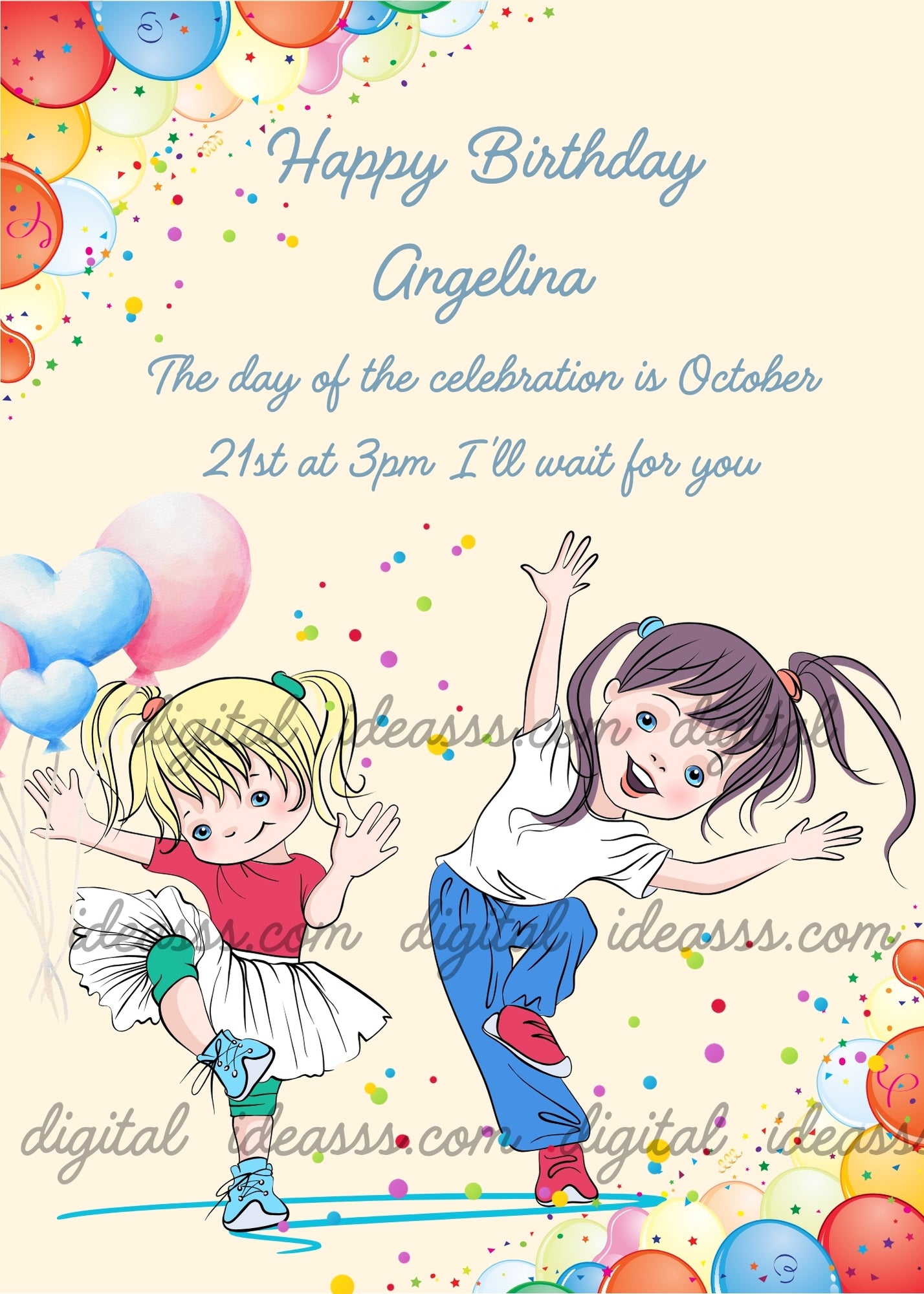 Two wild little girls, in a modern dance, surrounded by balloons and confetti. Printable birthday card for girls 5-12.