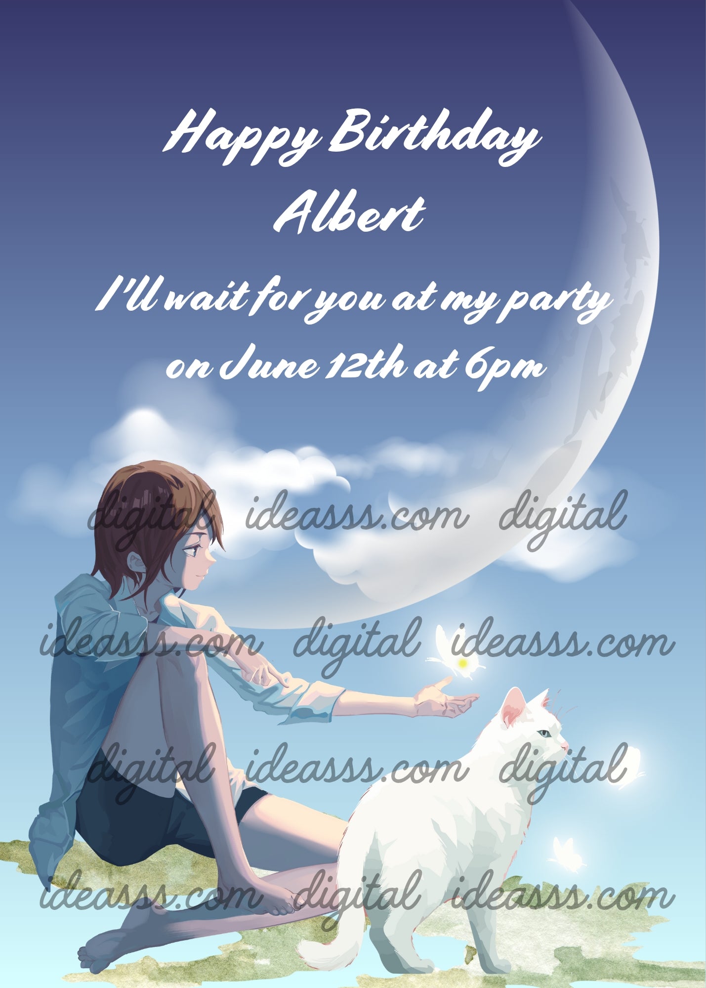 Big crescent moon, boy sitting on grass watching fireflies, with his white kitten. Printable birthday card for boys 10-14.