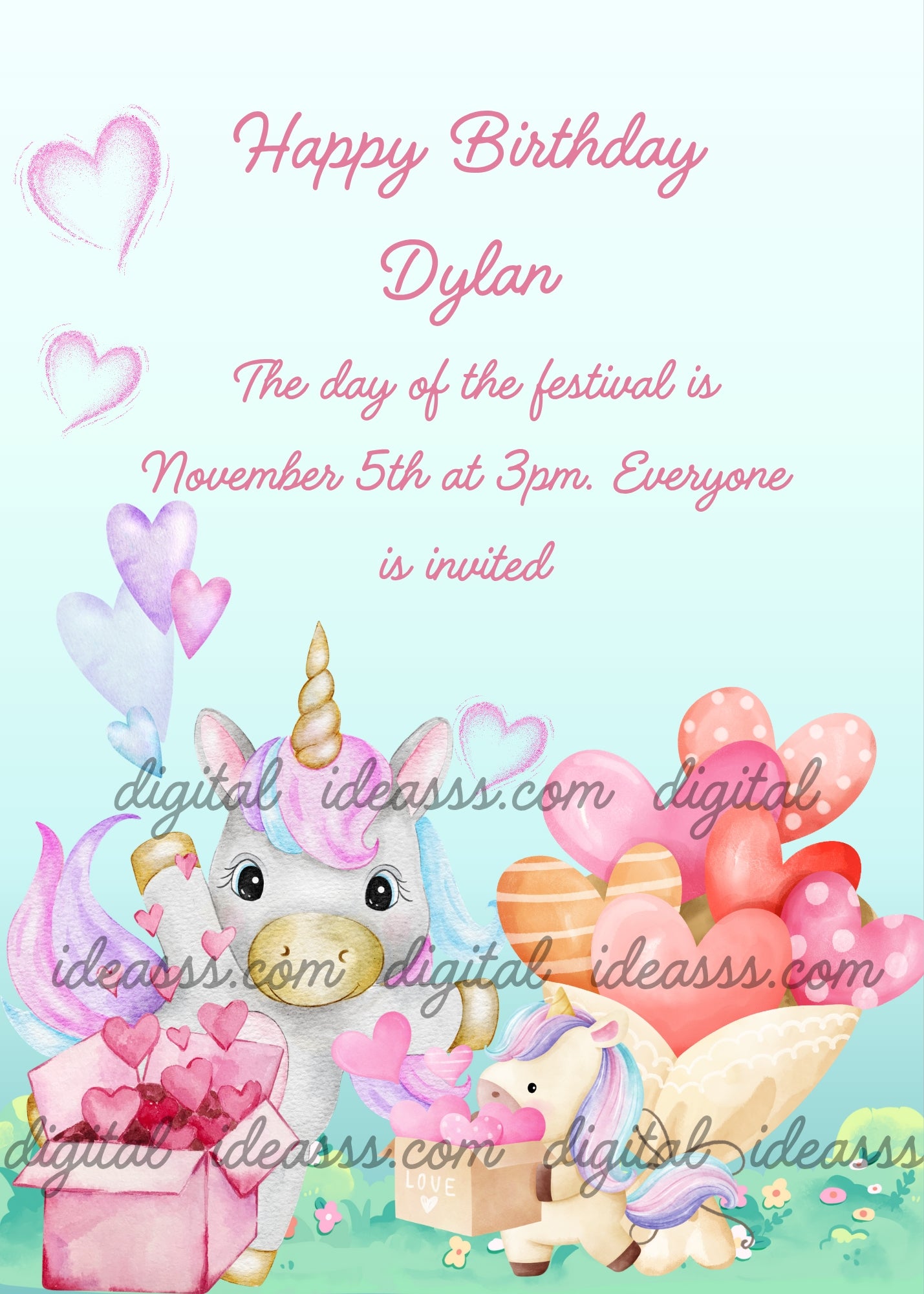 A little unicorn brings his mother boxes full of hearts, and a bouquet of heart shaped flowers. Printable birthday card for
kids 1-9.