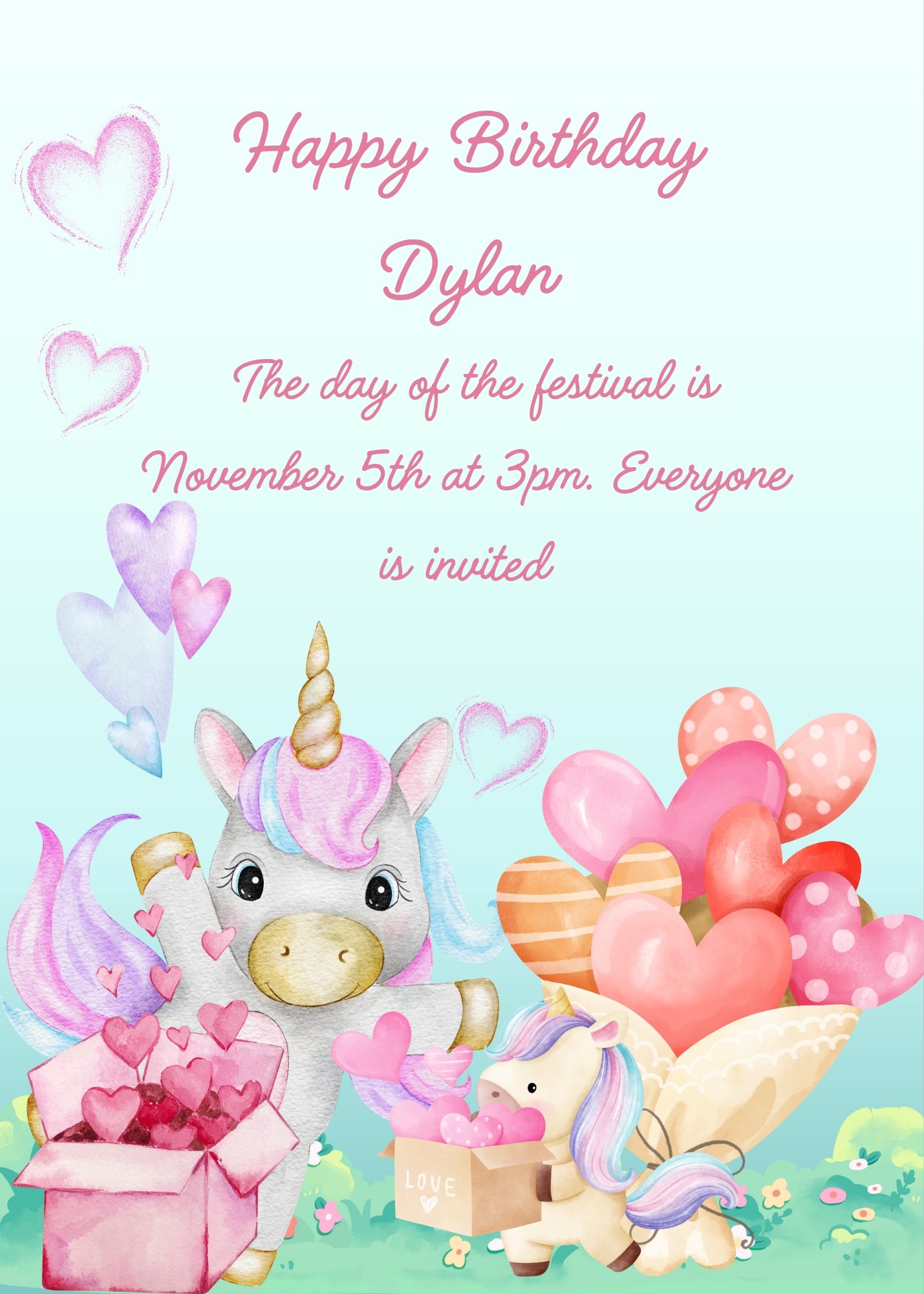 A little unicorn brings his mother boxes full of hearts, and a bouquet of heart shaped flowers. Printable birthday card for
kids 1-9.