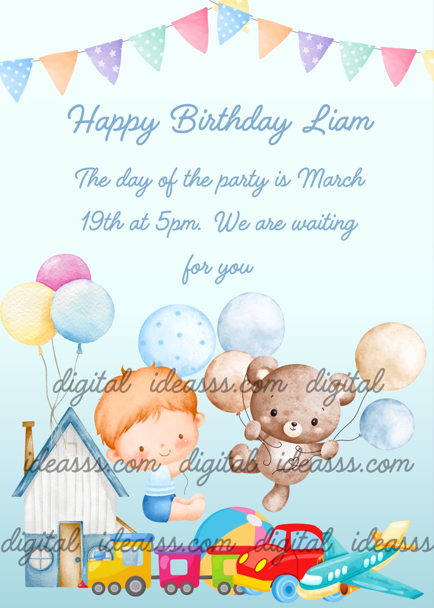 Child flies with balloons together with his teddy bears, above his toys. Printable birthday card for boys 1-7.