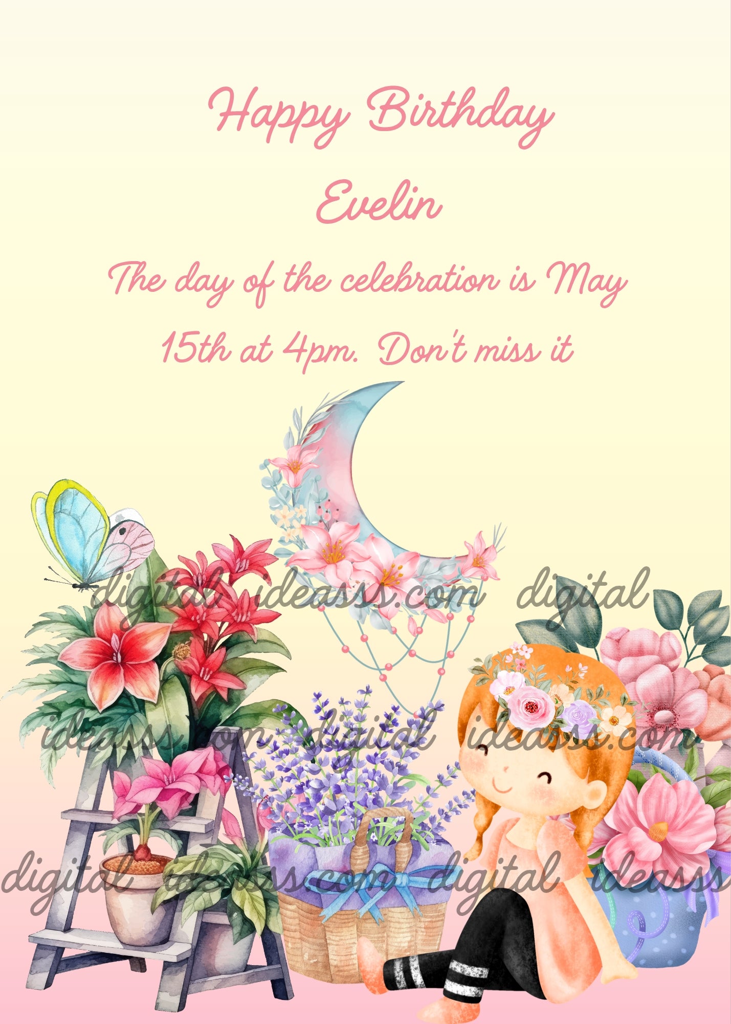 Cute little girl sitting on the floor among her flower pots. Even the moon is decorated with flowers. Printable birthday card for girls 8-12.