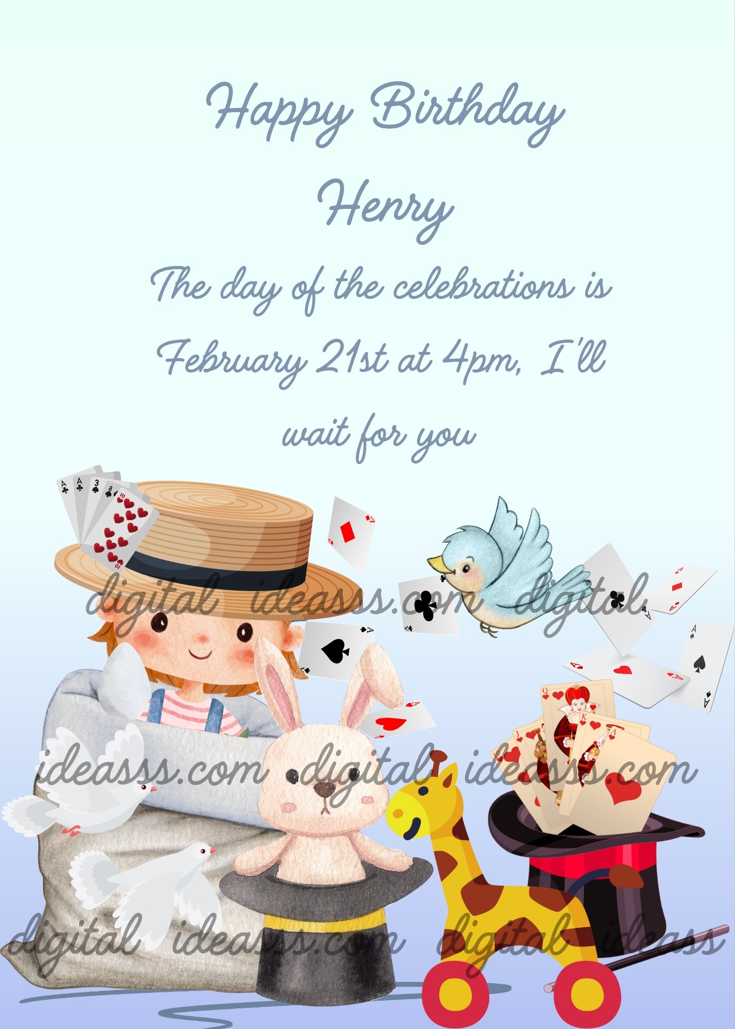 Funny magician looks out from a sack. Doves, playing cards, and magic hat, for his show. Printable birthday card for boys
3-10.