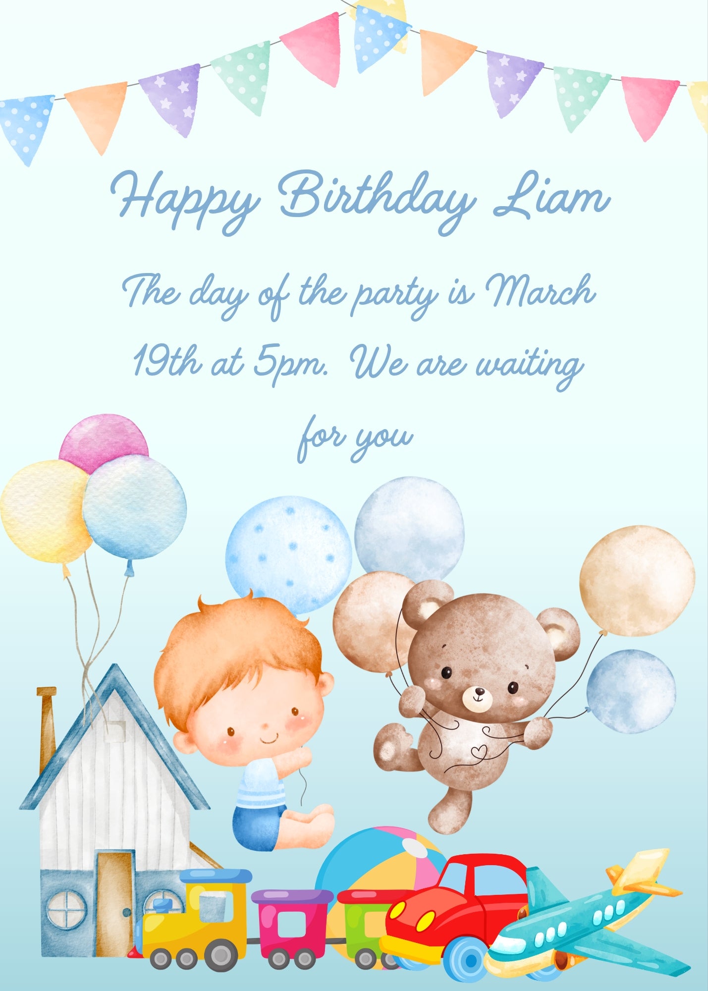 Child flies with balloons together with his teddy bears, above his toys. Printable birthday card for boys 1-7.