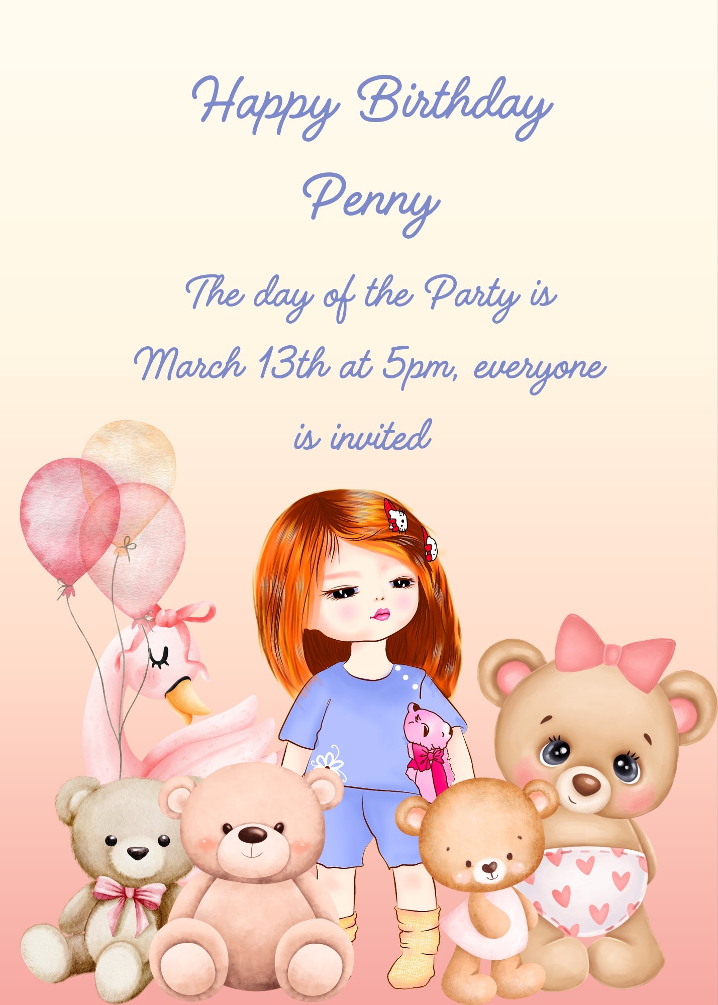 Little girl dressed in light blue with a teddy bear in her hand, and other teddy bears around her. Printable birthday card for girls 1-9.
