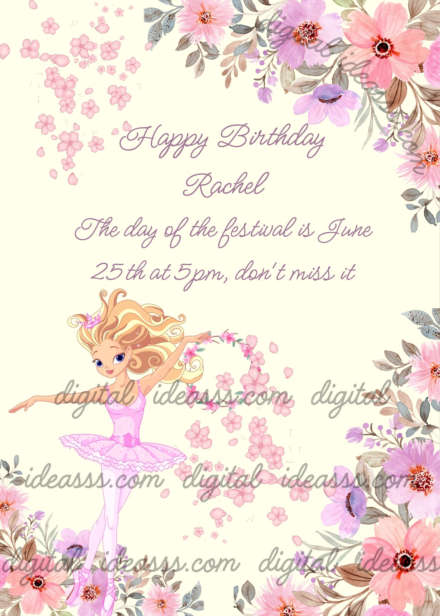Teenage classical dancer with floral frame. Printable birthday card for girls
10-14.