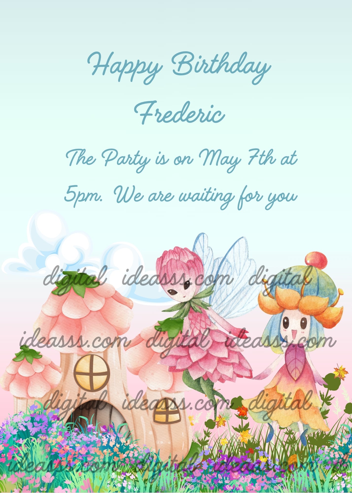 An elf in the form of a flower flies over his little house with roofs made of flowers. Flowery meadow, and flower with eyes nose and mouth. Printable birthday card for kids 6-12.