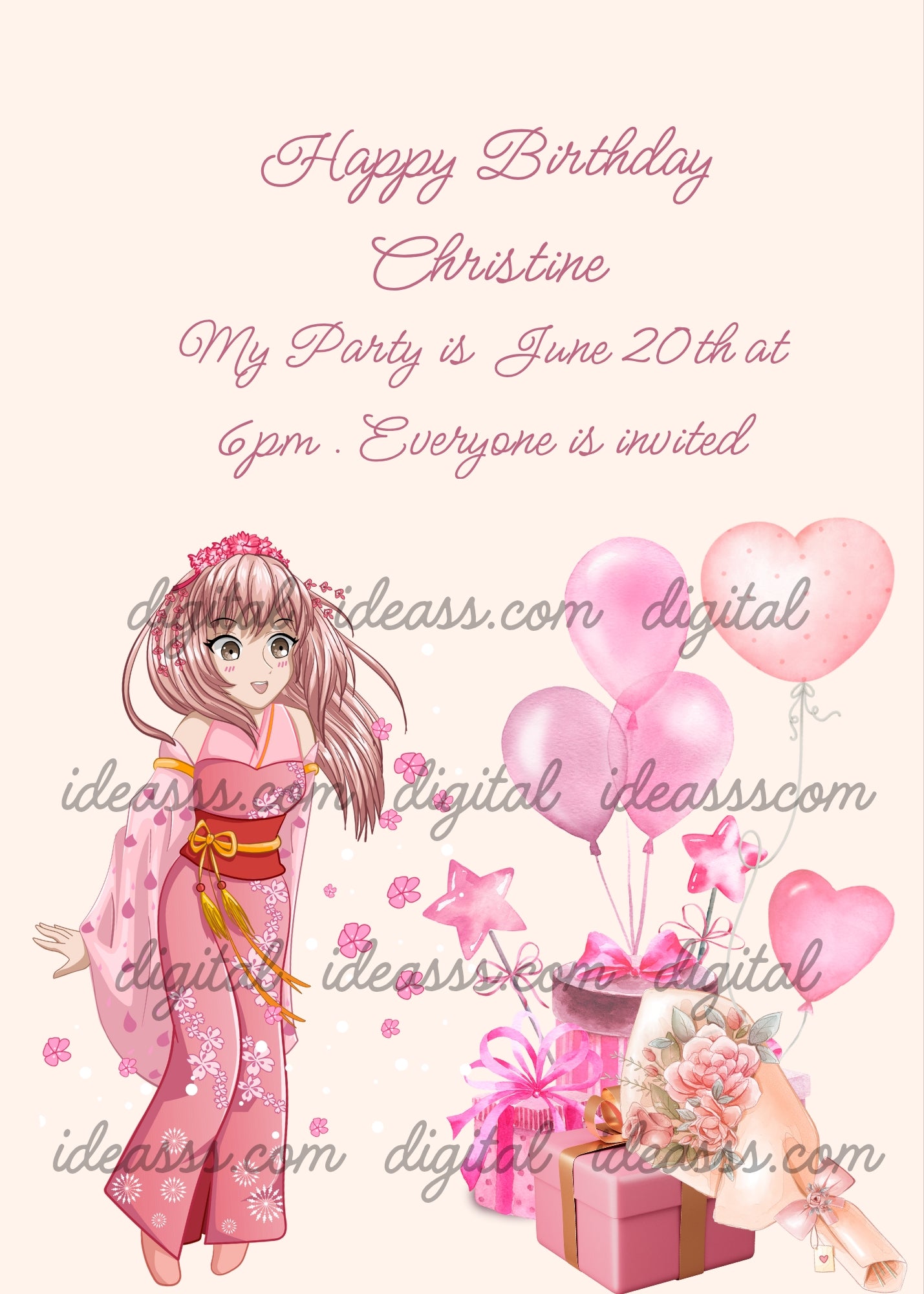 Card dedicated to girls. Dominant color pink. A litte girl is surprised to see the gifts she received. Printable birthday card for girls 9-14.