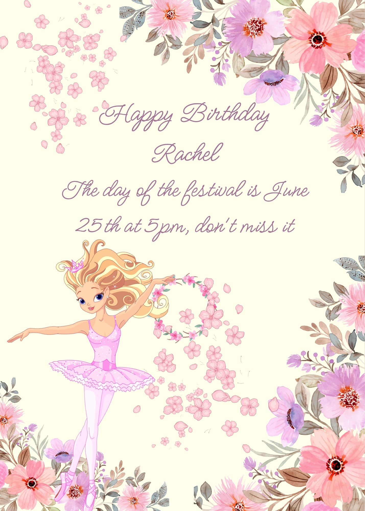 Pink and lilac flower frame, for a teenage ballerina, dancing with a flower hoop. Printable birthday card for girls 10-14.