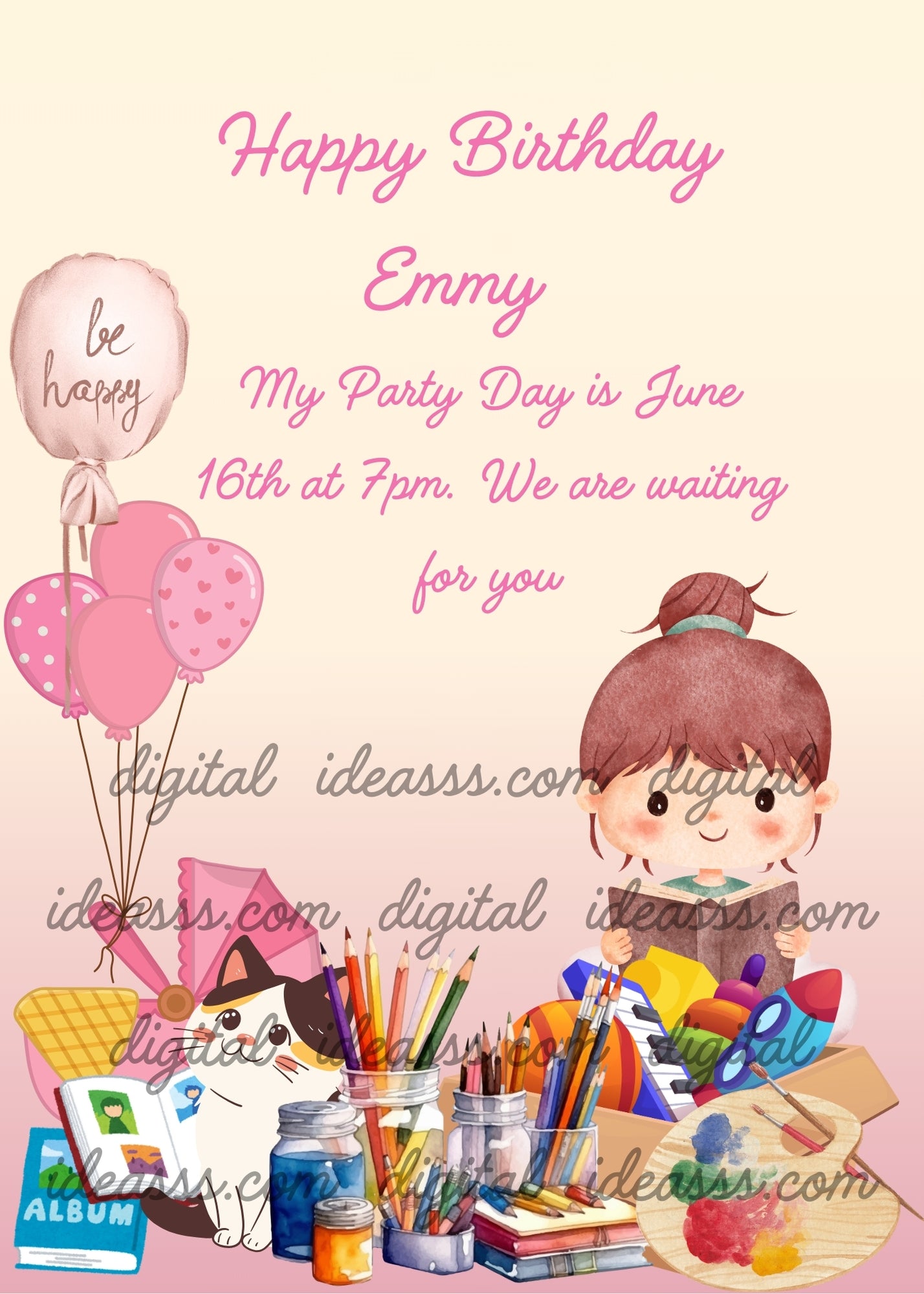 Little girl plays with er painting books and pencils. Printable birthday card for girls
6-12.