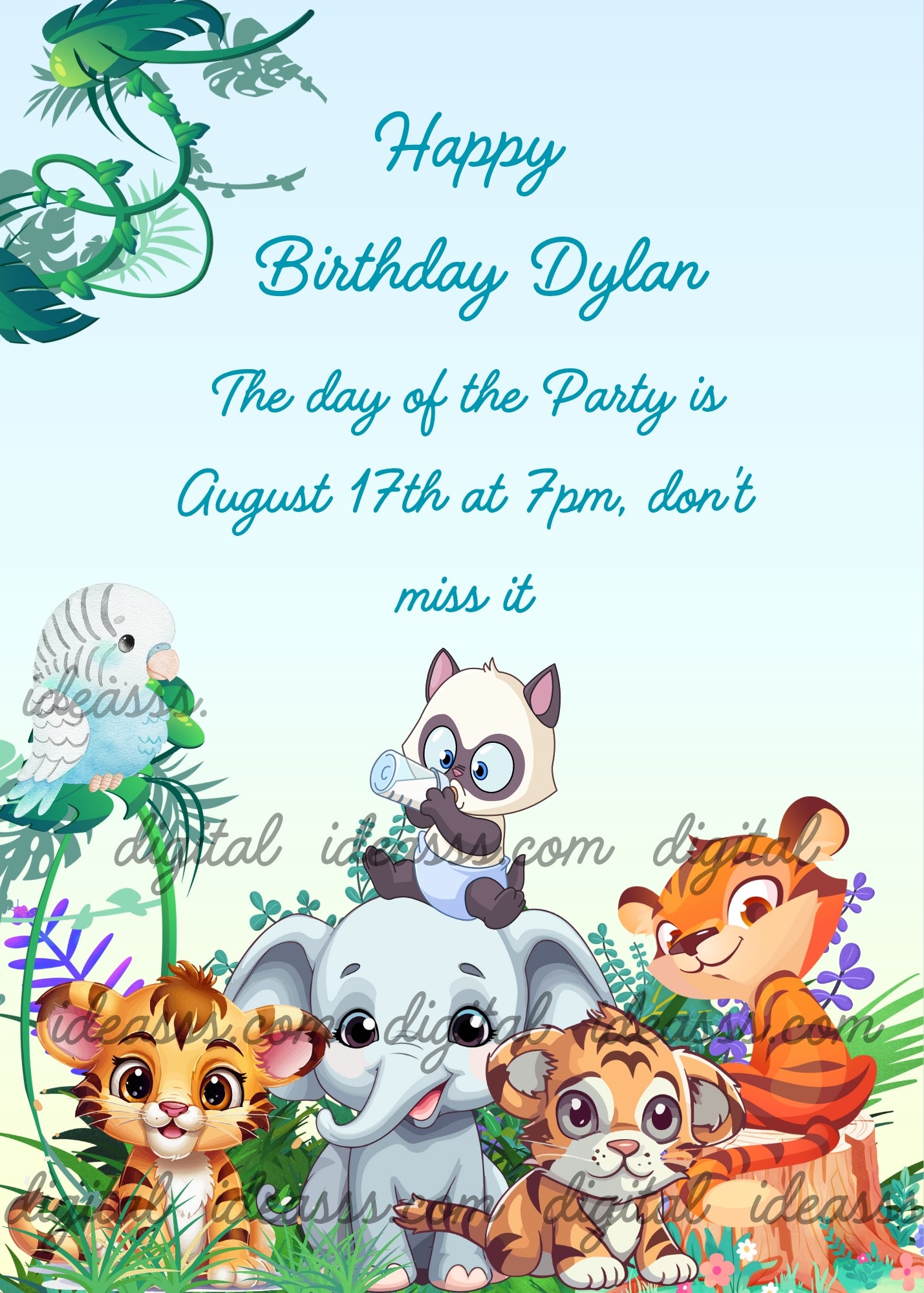 Jungle cubs seem to be posing for a souvenir photo. The smallest of them is sitting on a baby elephant with his baby bottle. Printable birthday card for kids
6-13.