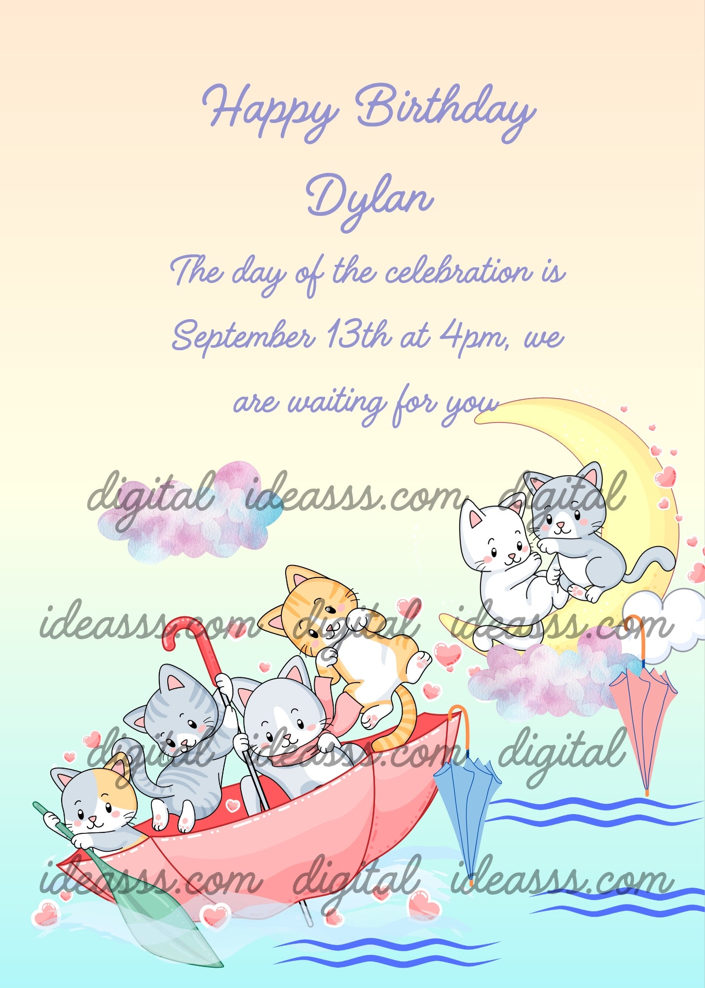 Kittens play with umbrellas, using them as boat. Other kittens have arrived on the moon, with their umbrellas. Printable birthday card for kids 1-9.