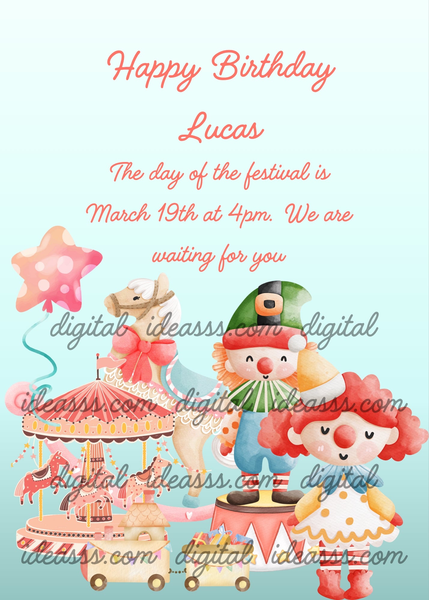 A small corousel, a rocking horse, two clowns, and games from other times. Printable birthday card for kids 1-7.