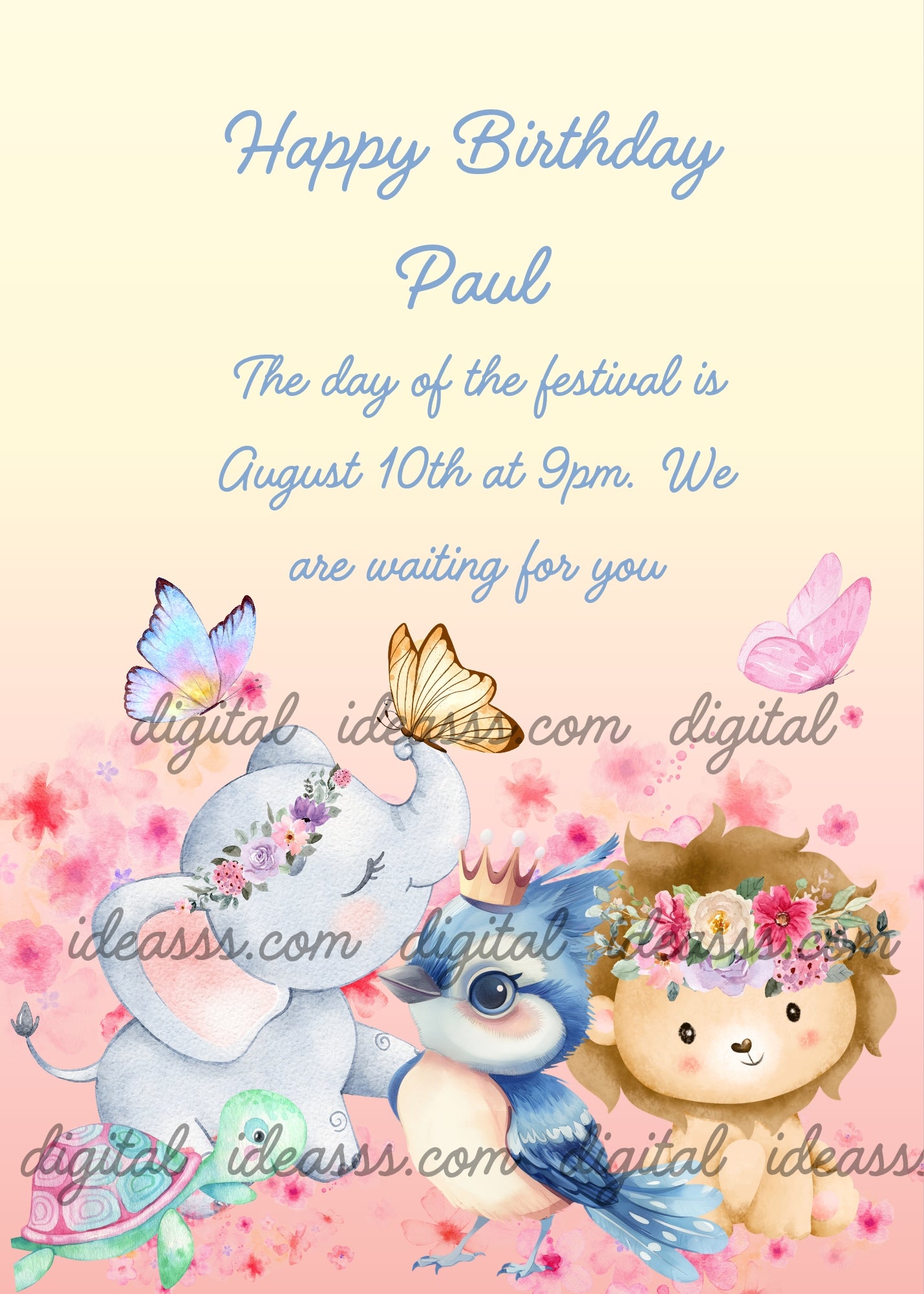 A blue bird with a royal crown, a lion and an elephant with a flower crown, and butterflies in flight. Printable birthday card for kids 1-9.