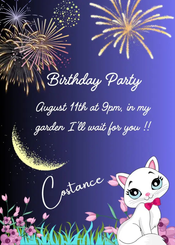Refined white kitten in the garden, with crescent moon and fireworks. Printable birthday card for girls 6-12.