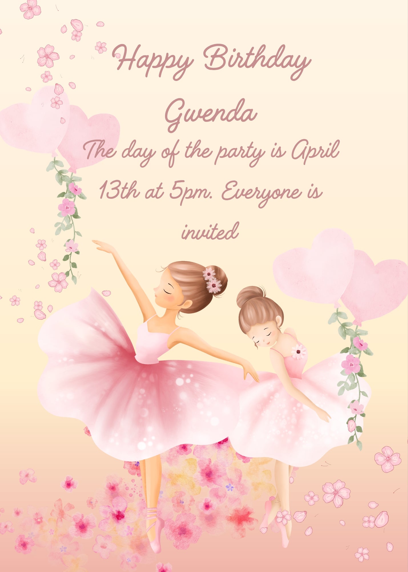 Deicate pink ballerinas, with flowers and heart-shaped balloons. Printable birthday card for girls 7-12.