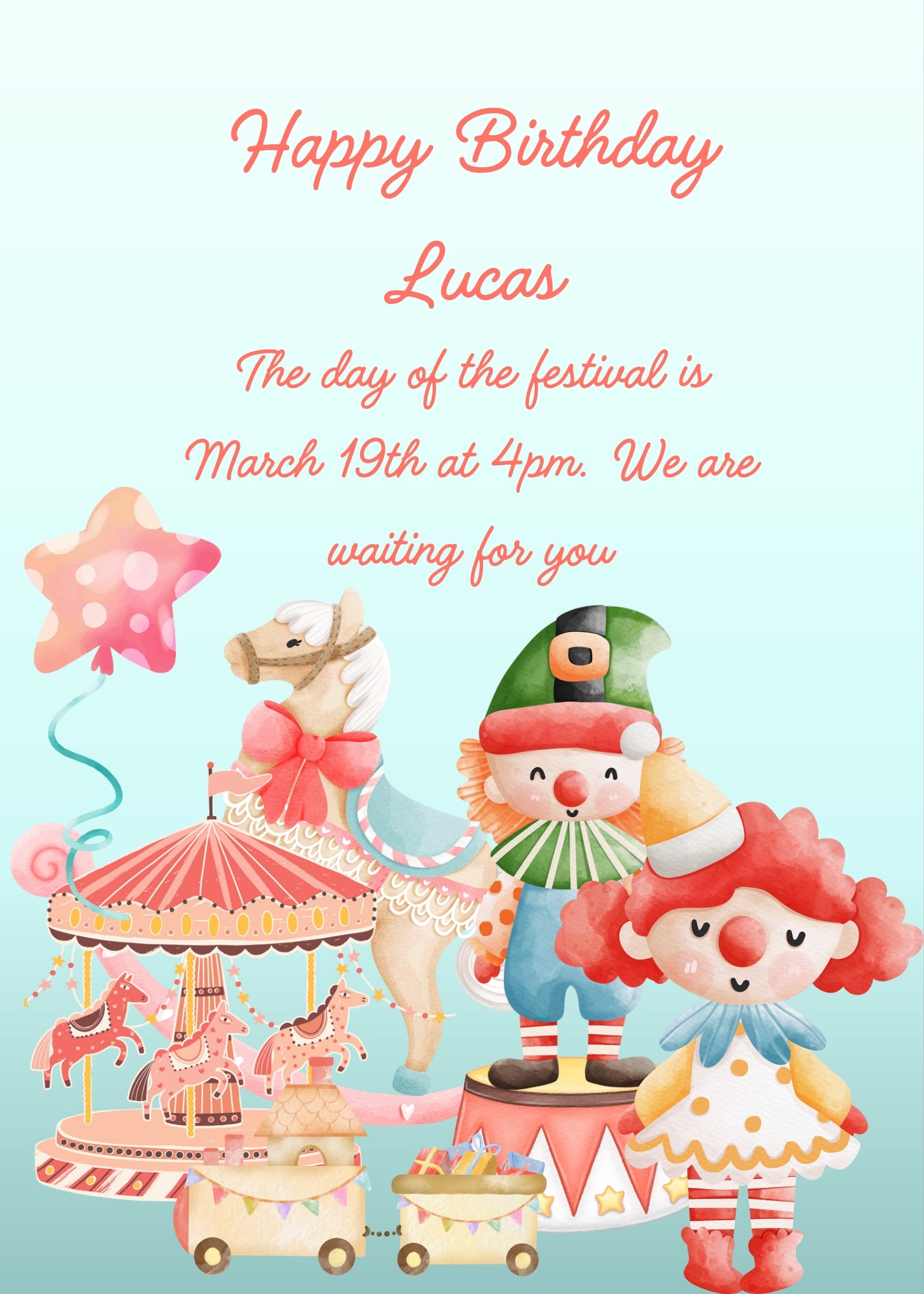 A small corousel, a rocking horse, two clowns, and games from other times. Printable birthday card for kids 1-7.