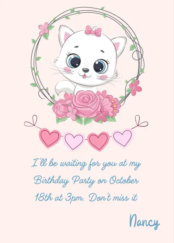 The little cat Trilly with a frame of roses and hearts. The dominant color is pink, for a card dedicated to little girls. Printable birthday card for girls 1-9.