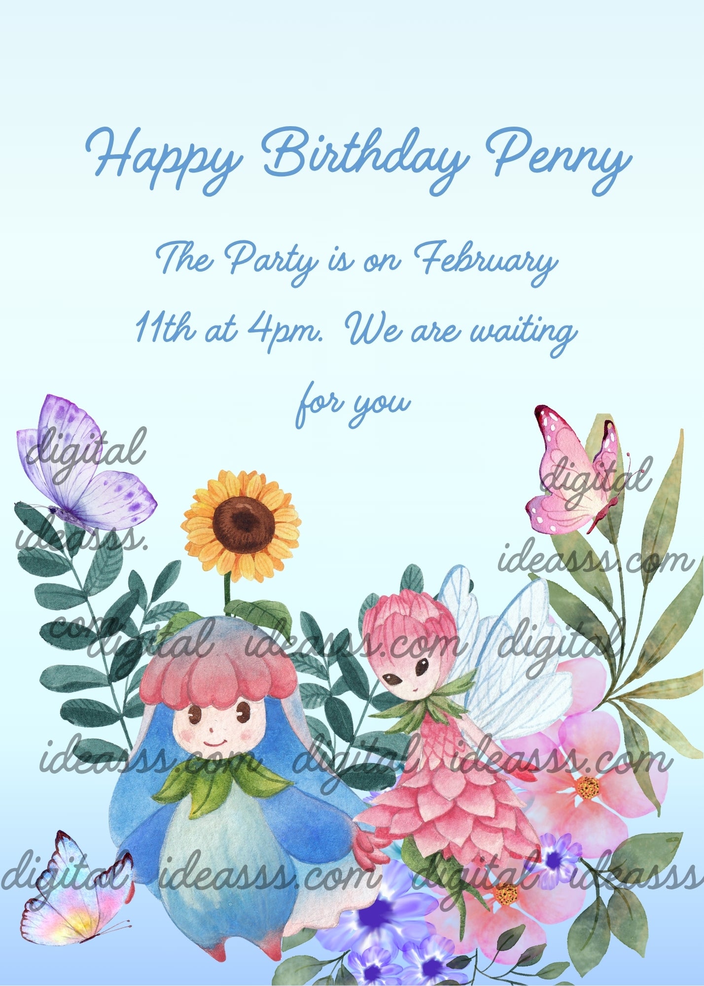 A flowers with eyes nose and mouth, and an elf, in the foreground: pink and blue colors. In the background are other flowers and butterflies. Printable birthday card for children 6-14.