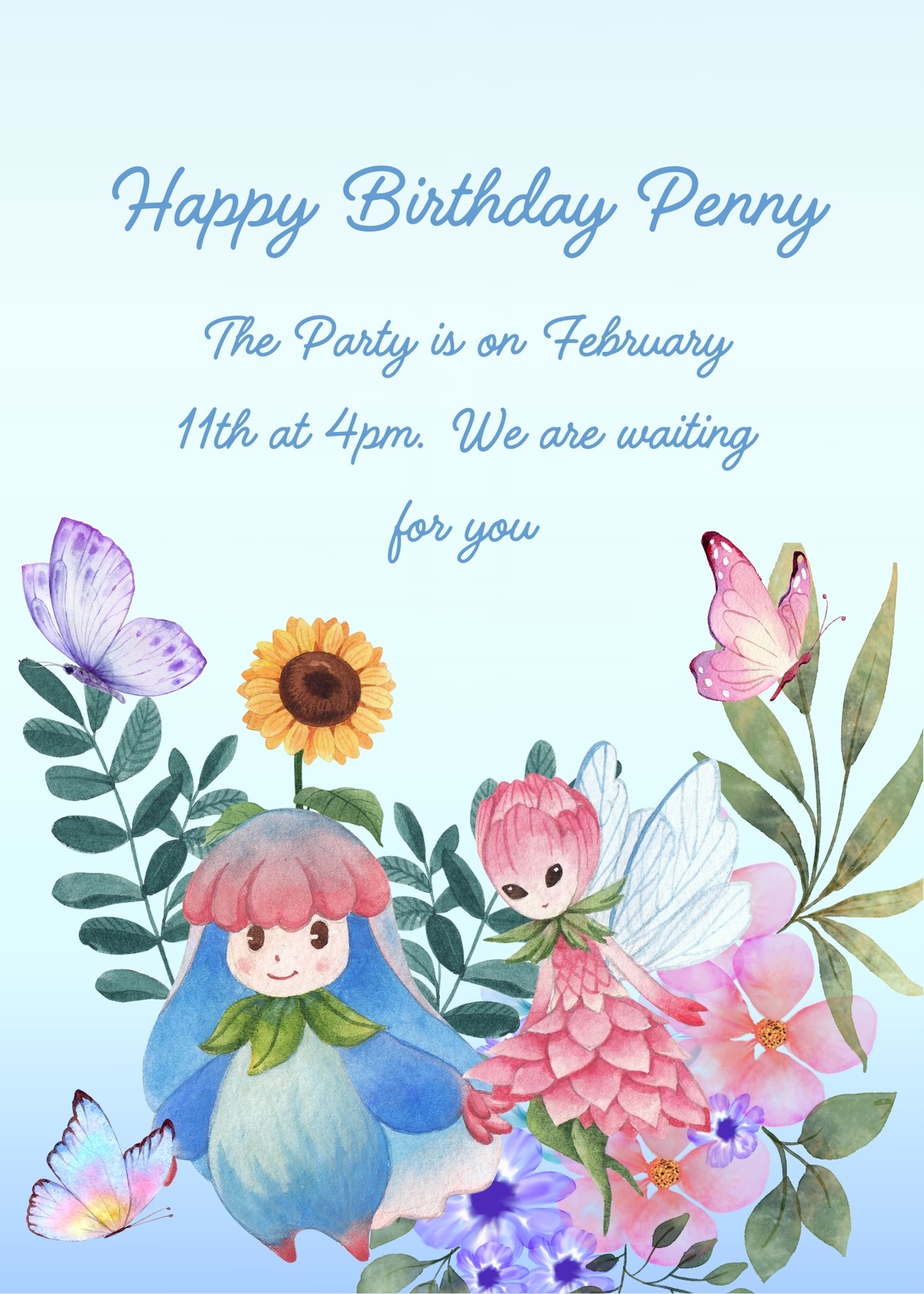 A flowers with eyes nose and mouth, and an elf, in the foreground: pink and blue colors. In the background are other flowers and butterflies. Printable birthday card for children 6-14.