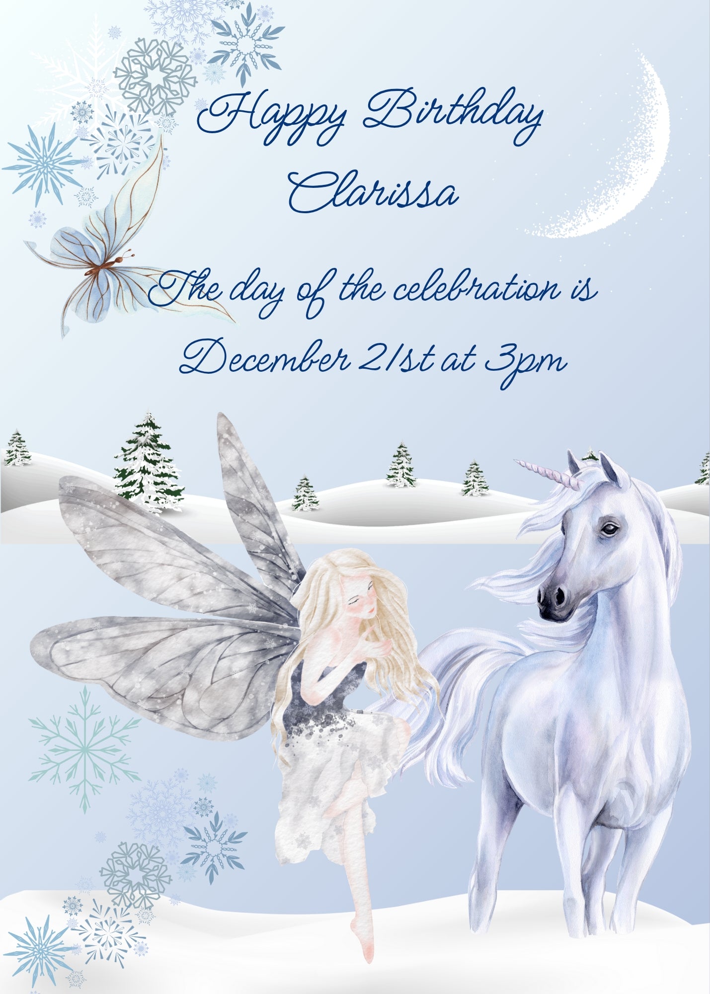 Snowy winter landscape, with fairy and white unicorn. Dominant color light blue. Printable birthday card for girls 8-14.