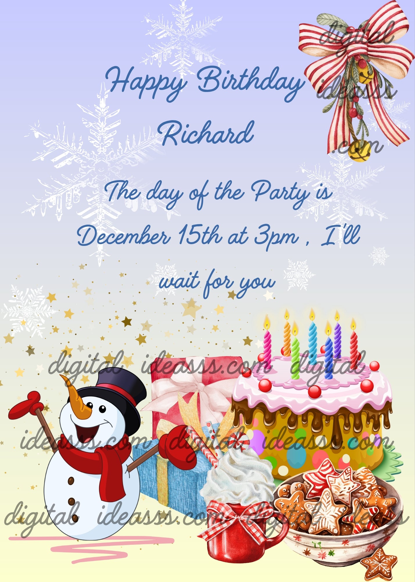 A cheerful snowman with gift boxes, Christmas sweets and snowflakes. Decoration with bow and bells on one side. Printable birthday & Christmas card for kids 5-12.