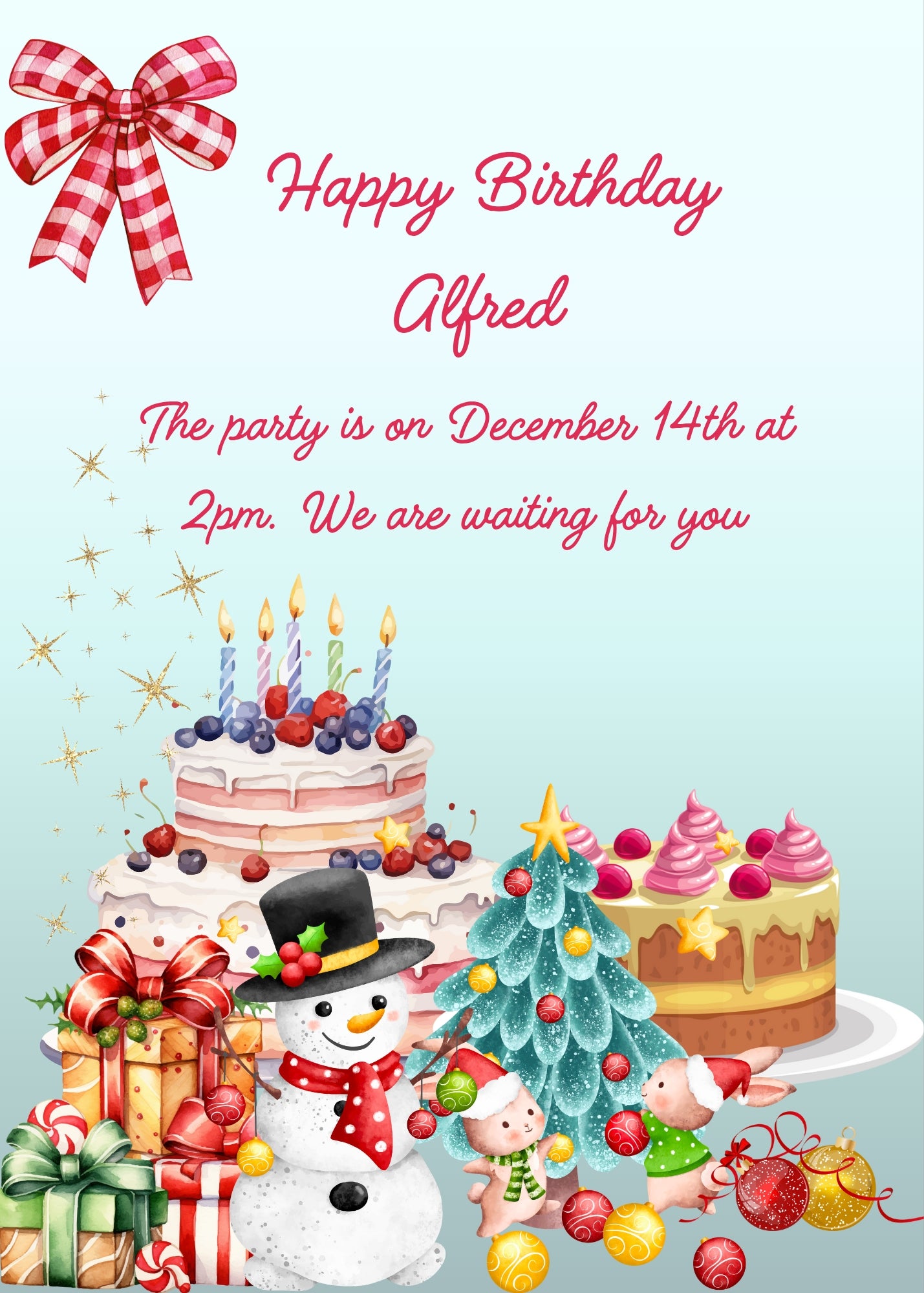 Cakes to celebrate, gift package, Christmas decorations, a little tree and a cute snowman. A white and red bow, on the left side. Printable birthday Christmas card for kids 6-14.
