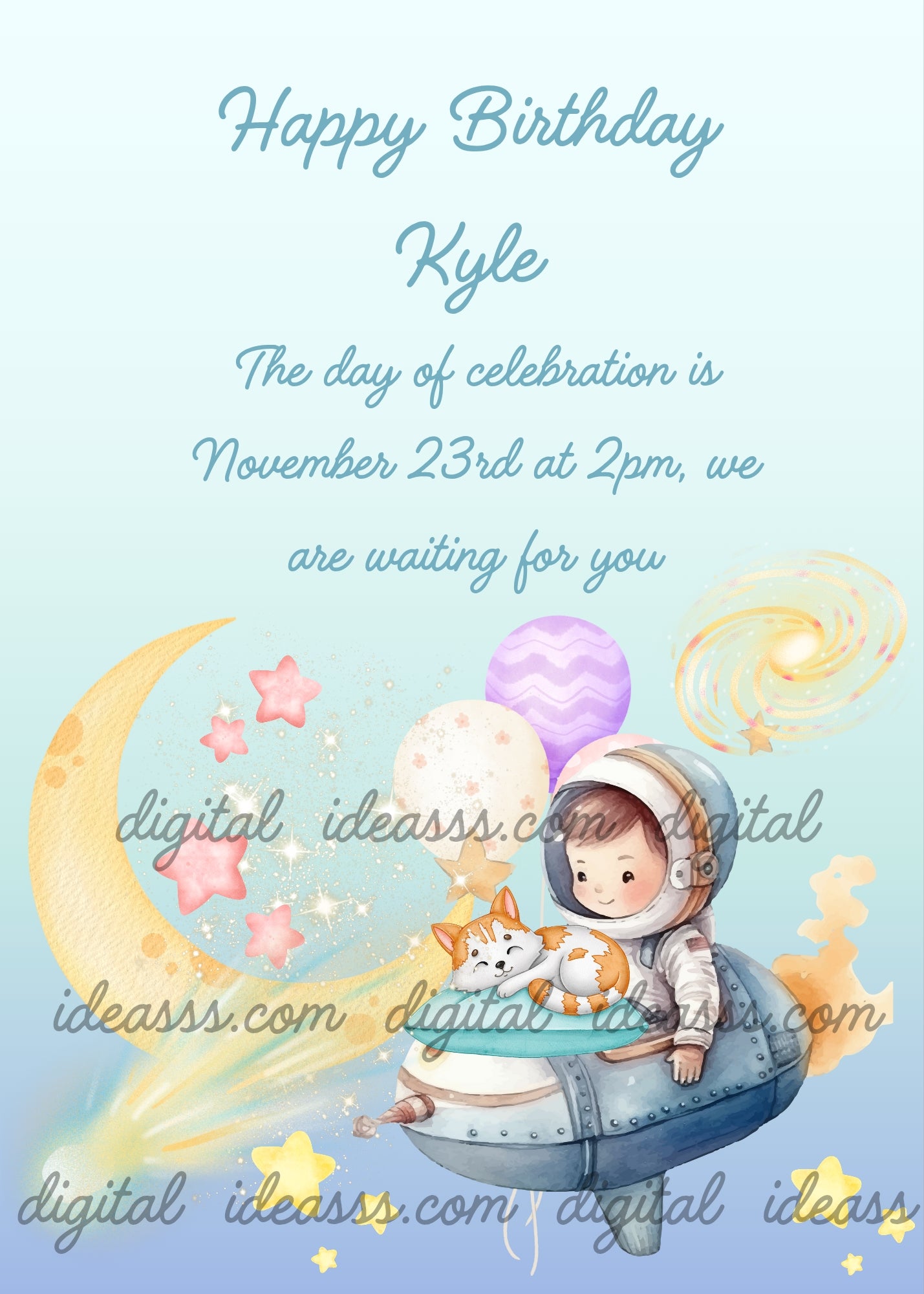 Child traveling with spaceship balloons, and sleeping kitten. Printable birthday card for boys 5-10.