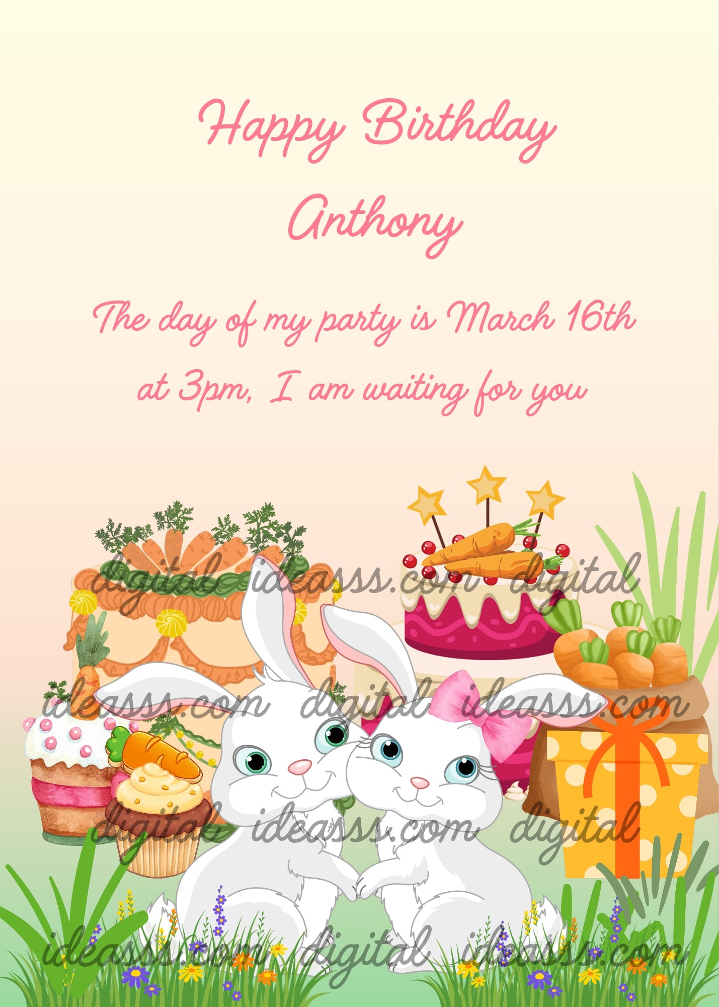 A couple of bunnies are happily celebrating with cakes and carrots. Printable birthday card for kids 1-12.