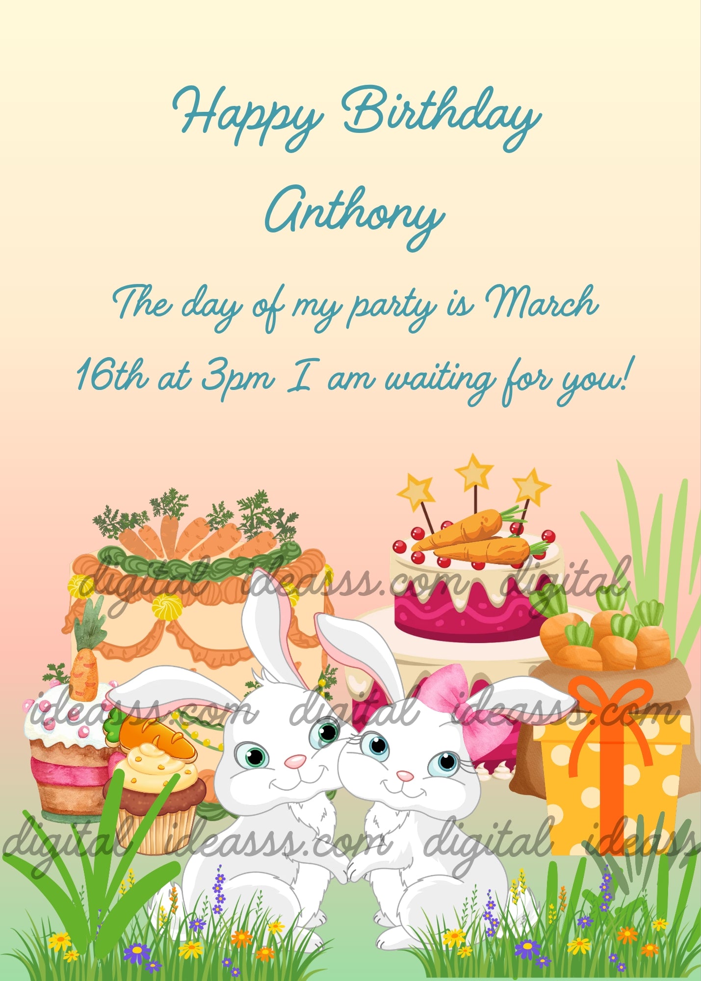 A couple of bunnies are happily celebrating with cakes and carrots. Printable birthday card for kids 1-12.