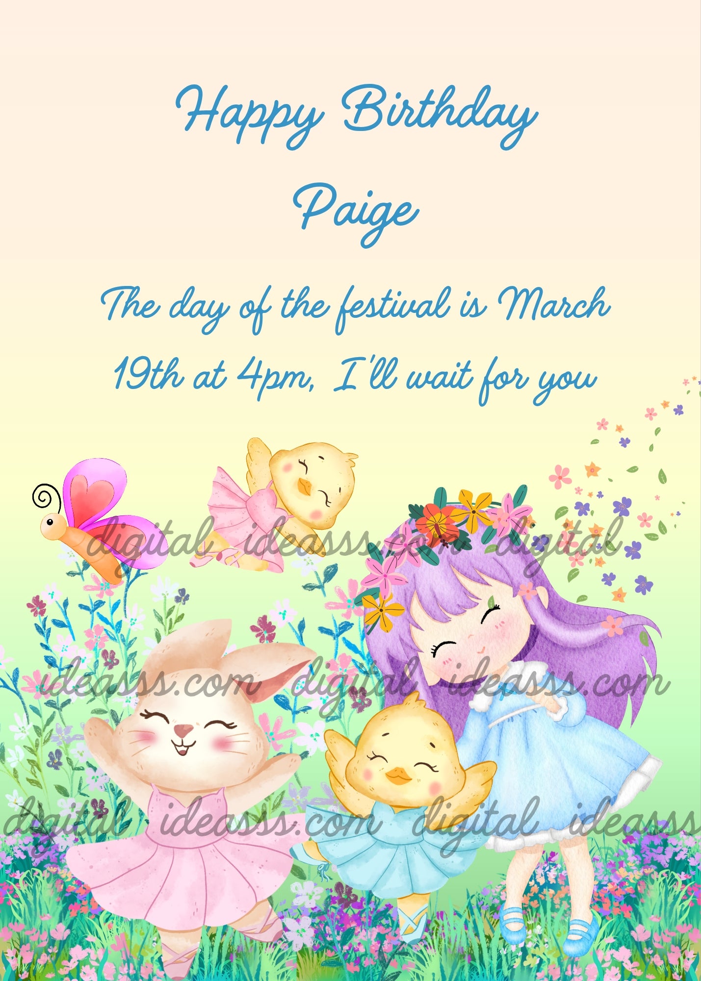 Little girl in a flowery meadow, with a bunny and dancing canaries. Printable birthday card for girls 1-7.