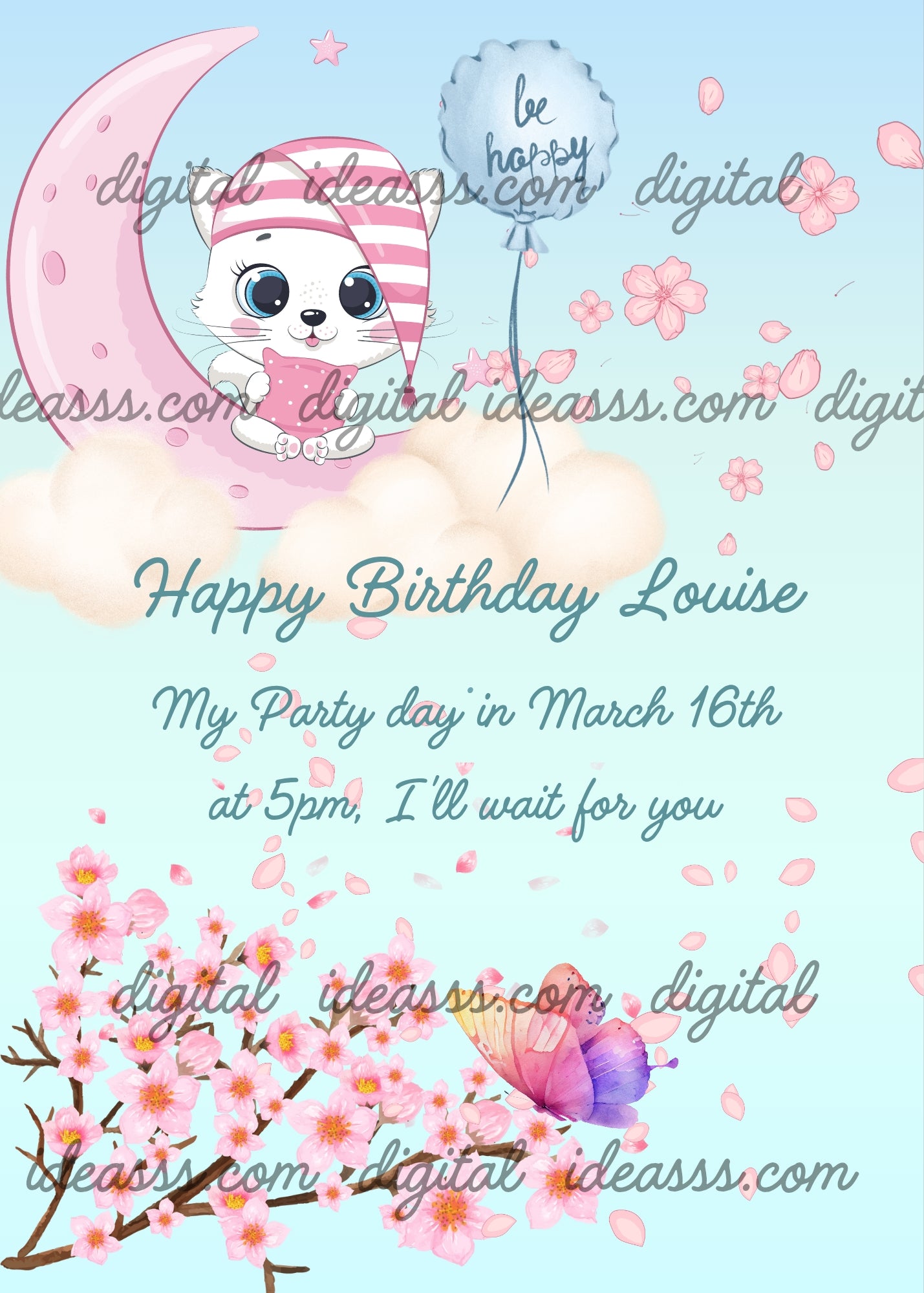 Tnkerbell the kitten on the moon, with nightcap and pillow. A peach tree branch in bloom, and flowers scattered across the sky. Printable birthday card for kids 1-9.