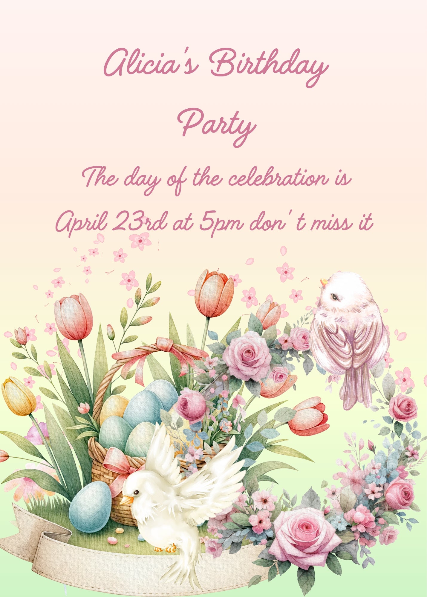 Basket with colored eggs, and tulips. A garland of roses with a bird and dove in flight. Printable birthday Easter card for girls 8-14.