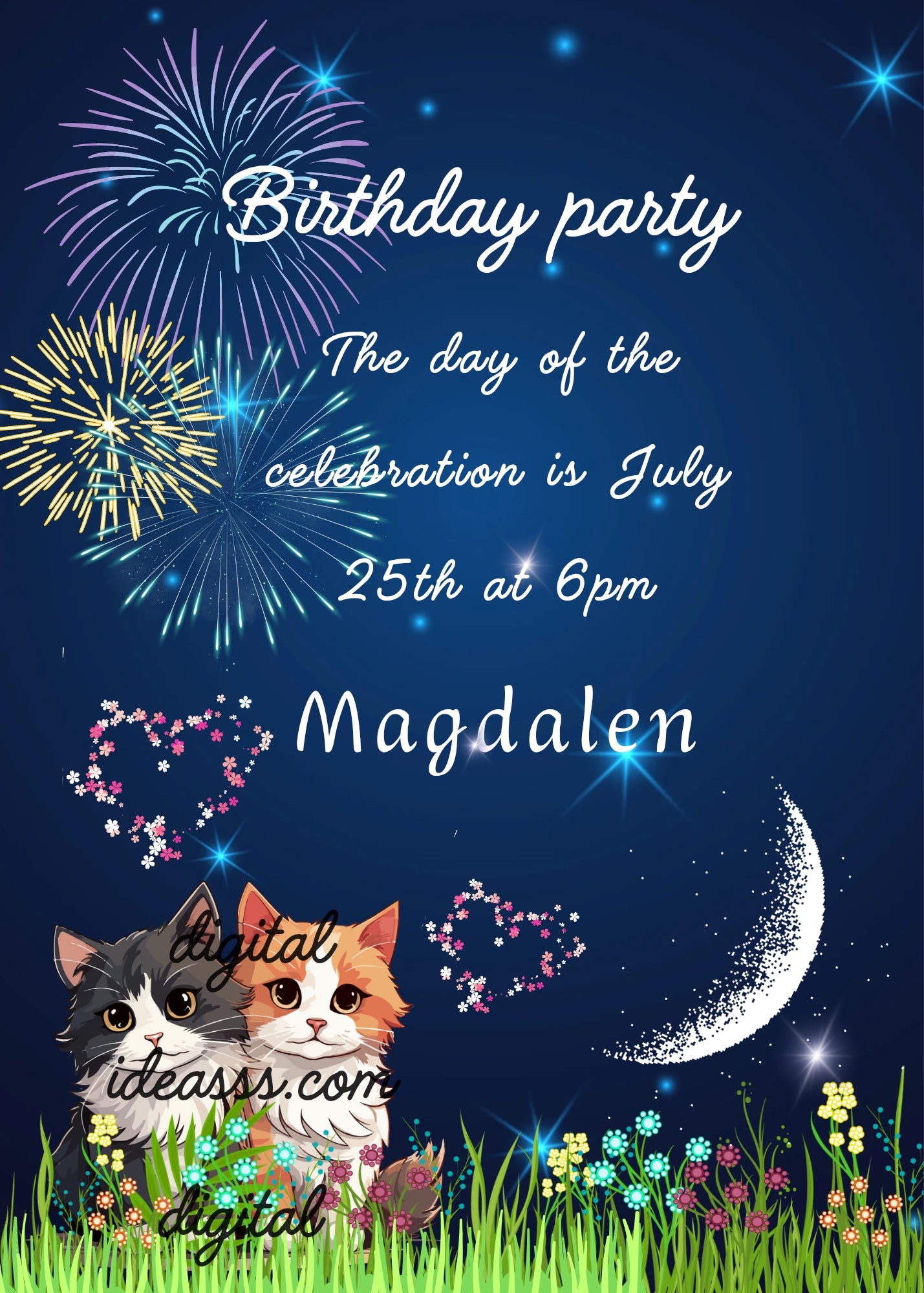 Starry summer night, with kittens in the garden, moon and fireworks. Printable birthday card for kids 5-14.