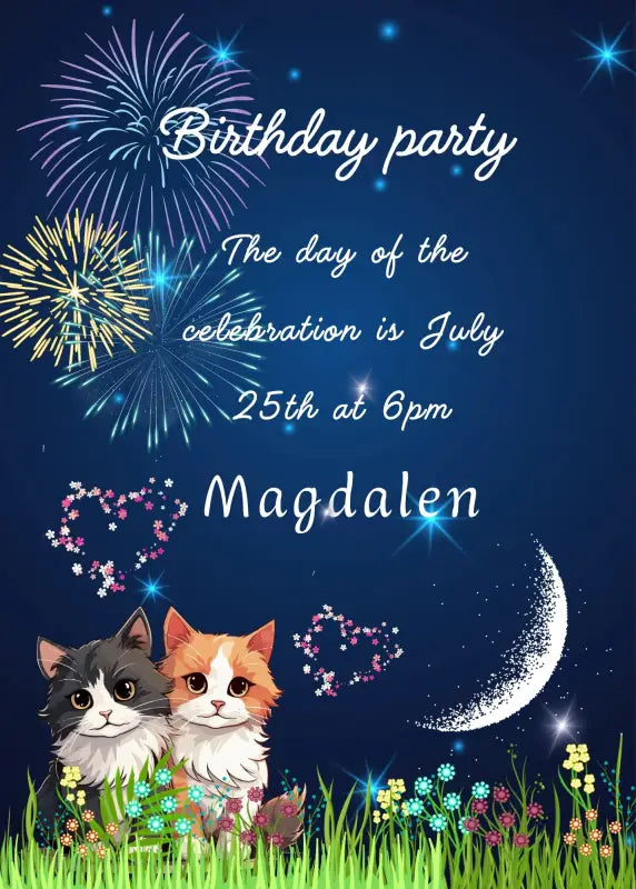 Starry summer night, with kittens in the garden, moon and fireworks. Printable birthday card for kids 5-14.