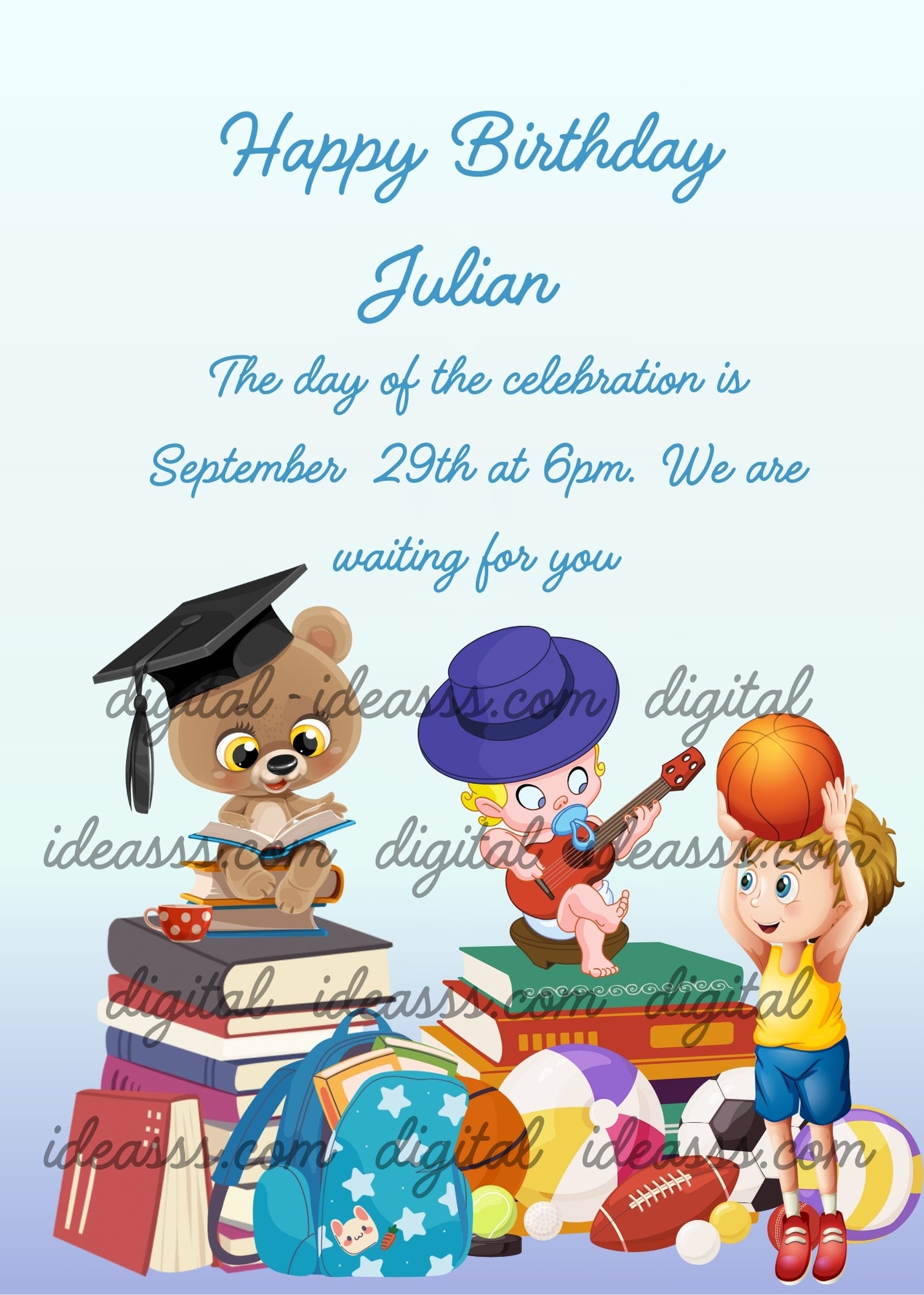 Teddy bear sitting on a row of books, teaching two children who just want to play. Printable birthday card for boys 6-12.