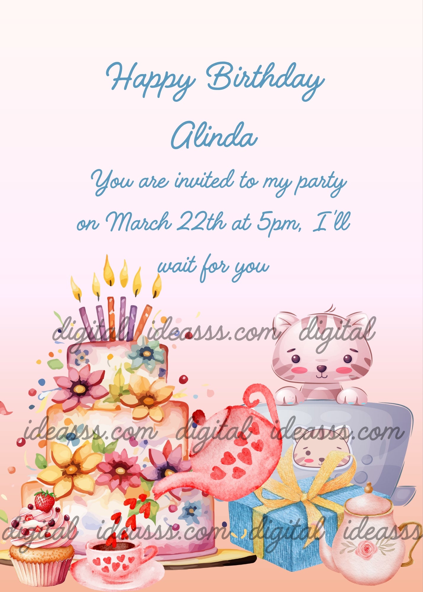 Cake with flowers, kitten looks out from inside a cup, and watches the teapot pouring hearts. A gift package, and cupcakes. Printable birthday card for
kids 6-12.