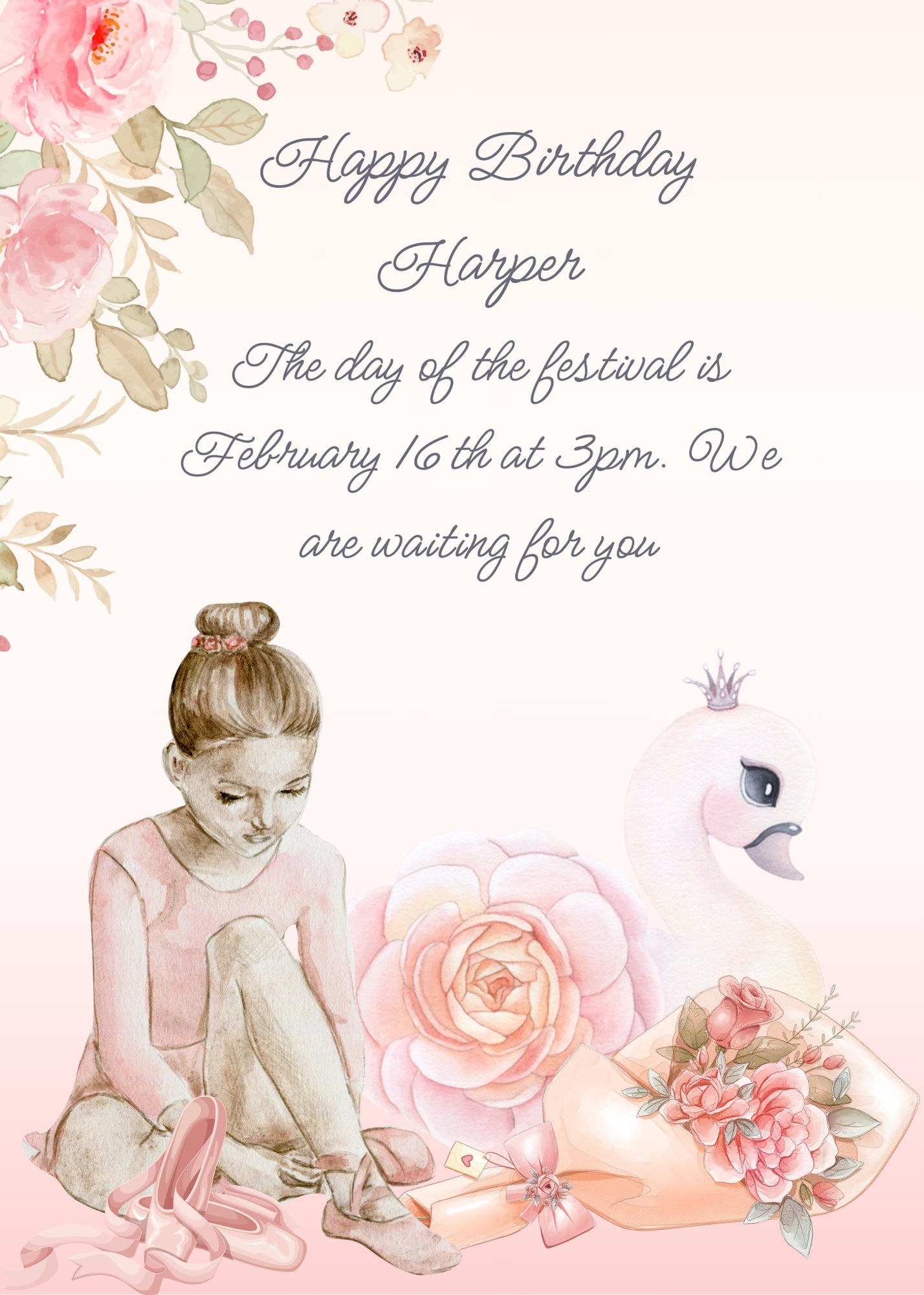 Elegant card, with a ballerina sitting on the floor changing her shoes. Bouquet of flowers, and a swan halfway throught the flower. Printable birthday card for girls
10-14.