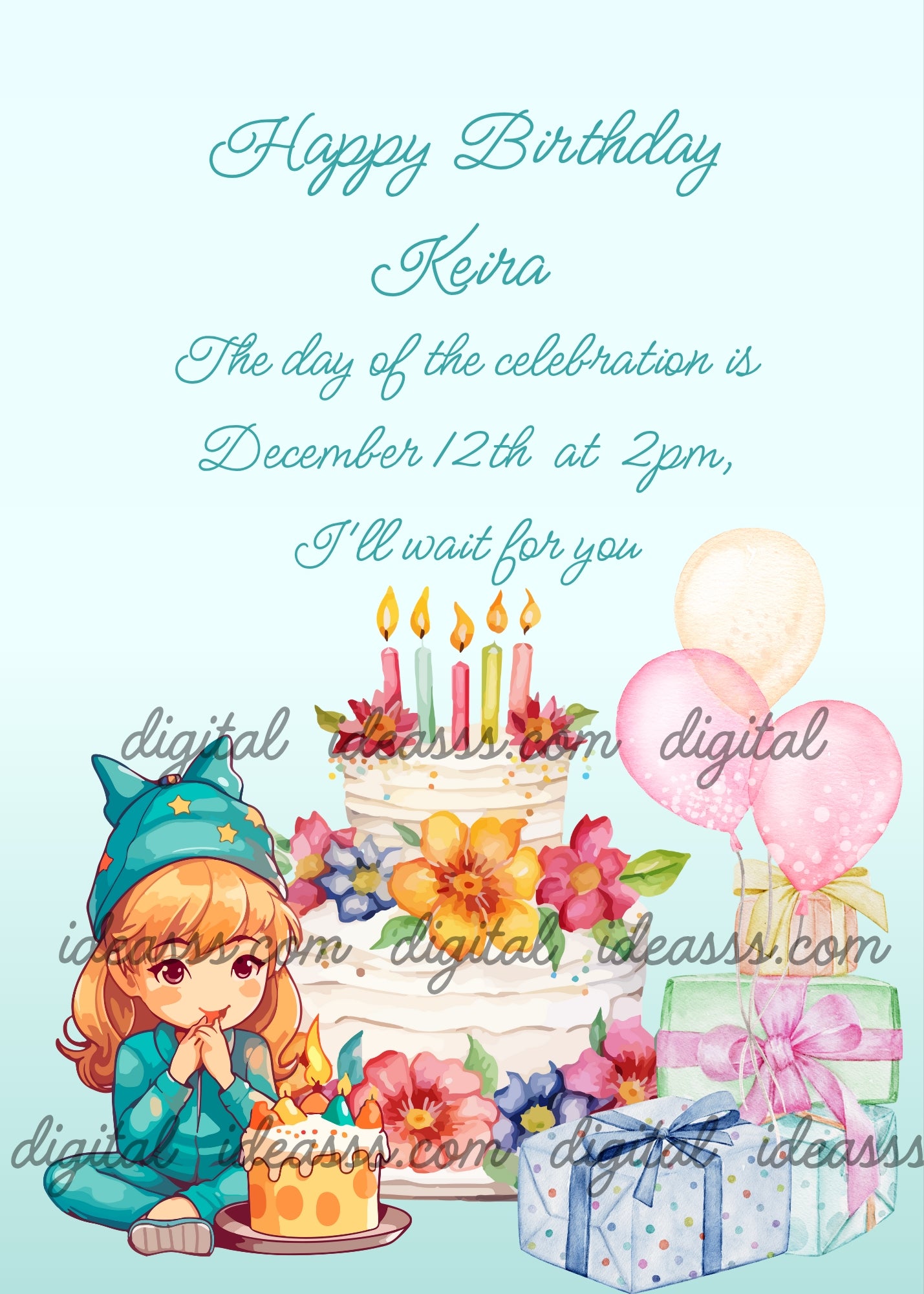 Little girl sitting on the floor, looking at a slice of cake. In the background a birthday cake with flowers, gift boxes, and balloons. Printable birthday card for girls 5-12.