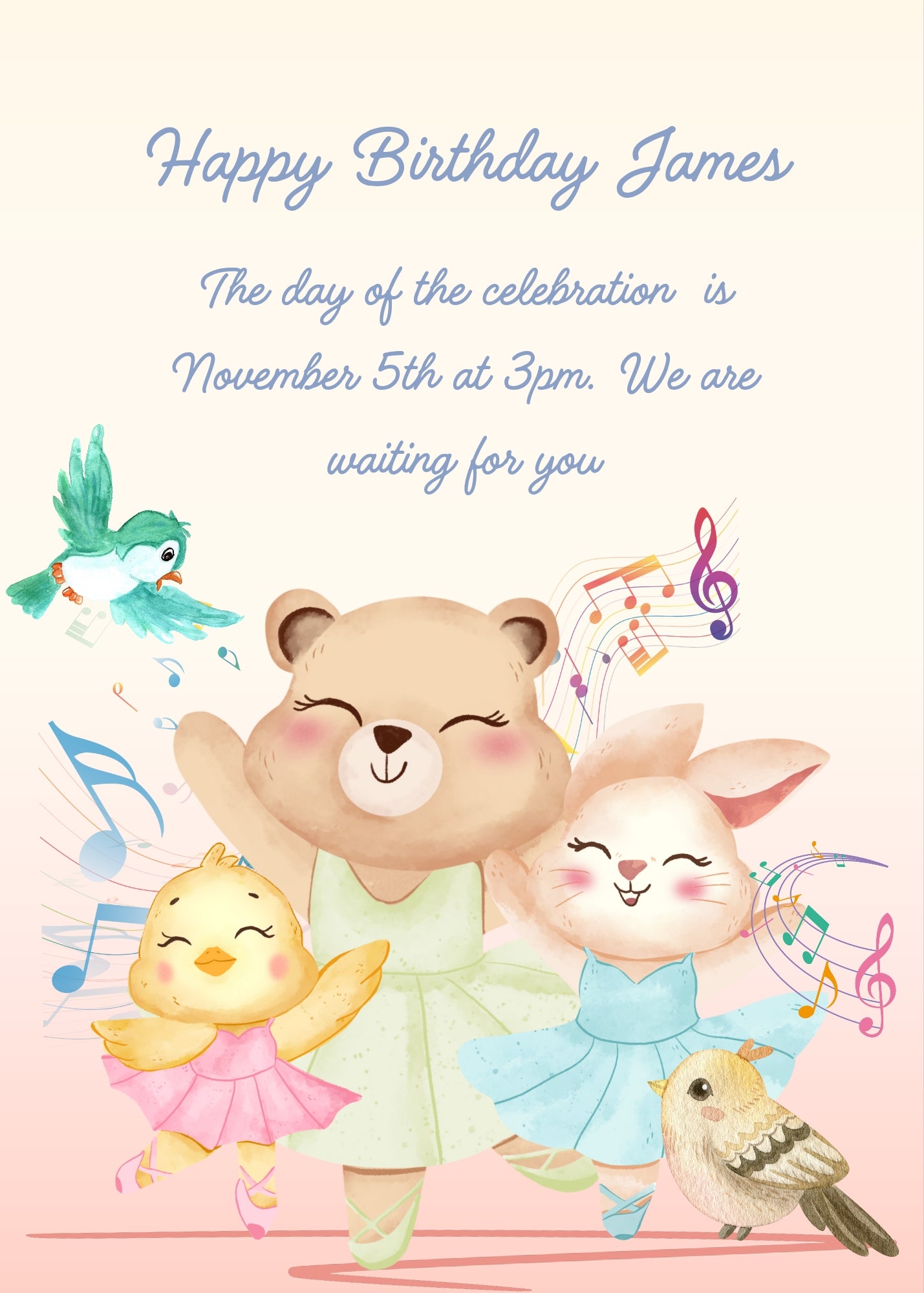 A teddy bear, a bunny, and a canary are dancing happily. Printable birthday card for kids 1-7.