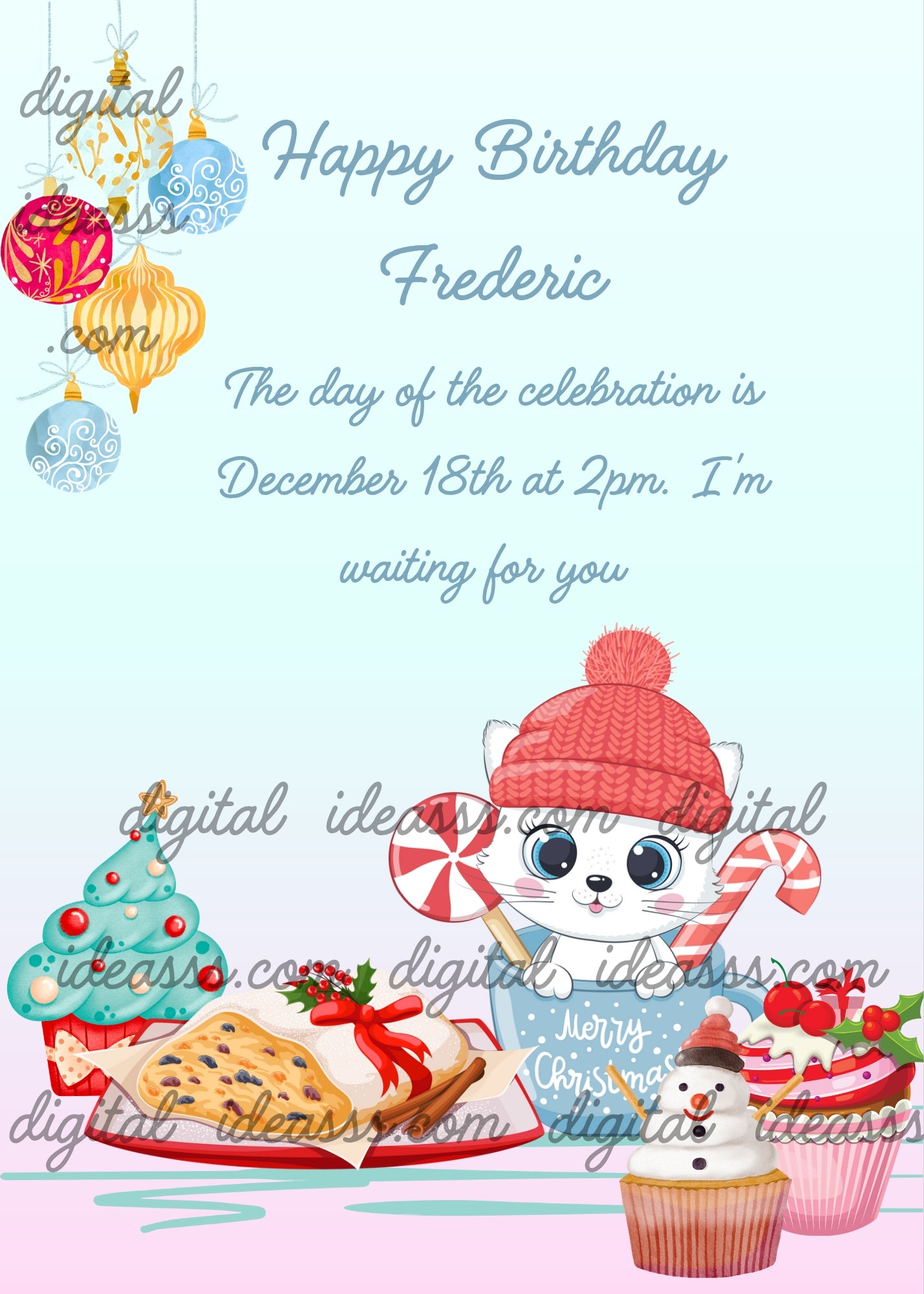 The little cat Trilly, with a red hat inside a cup, among the Christmas sweets. Printable birthday Christmas card for
kids 1-9.
