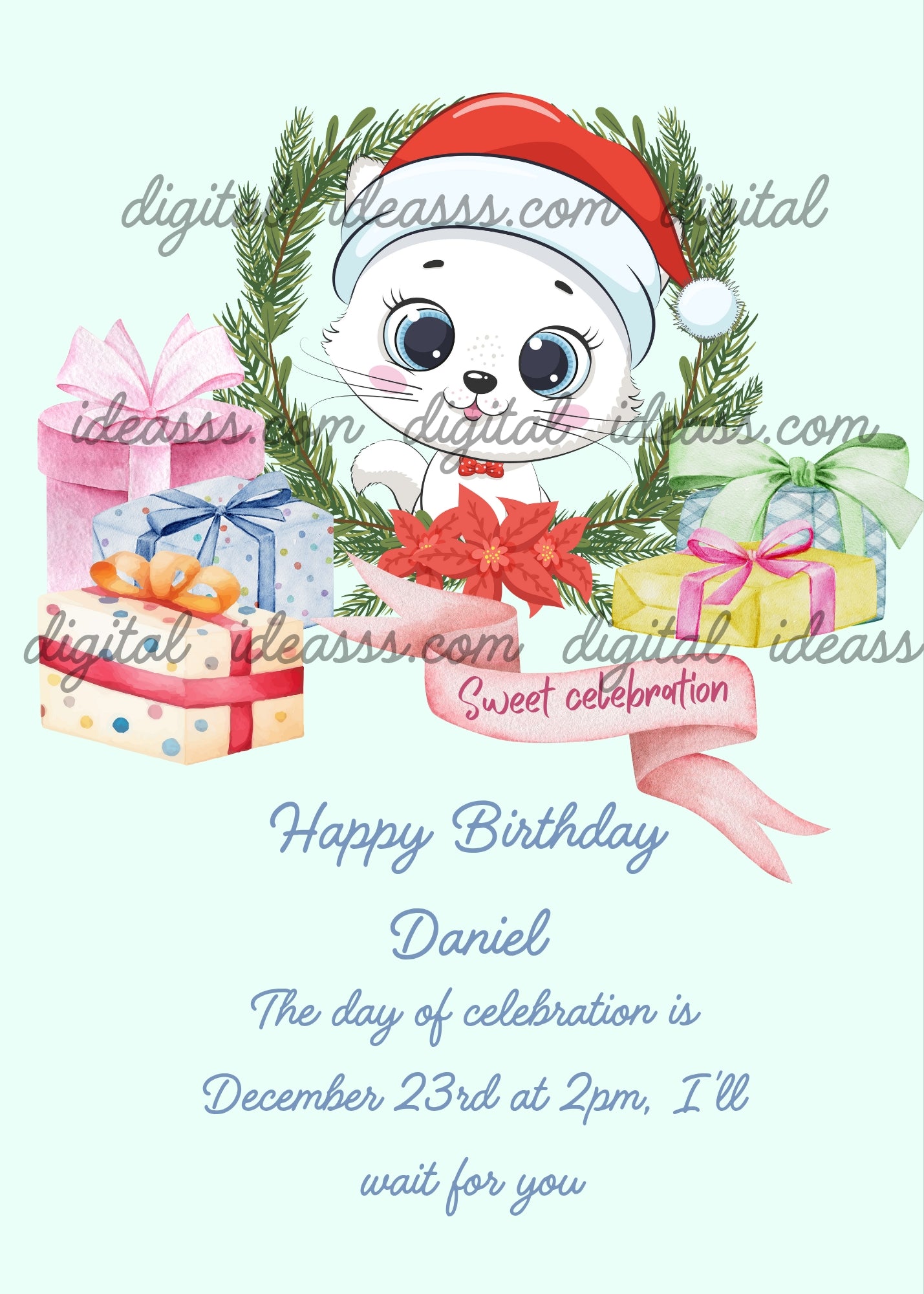 Trilly the kitten, with a Christmas frame hat, and gift packages. Printable birthday & Christmas card for kids 1-9.