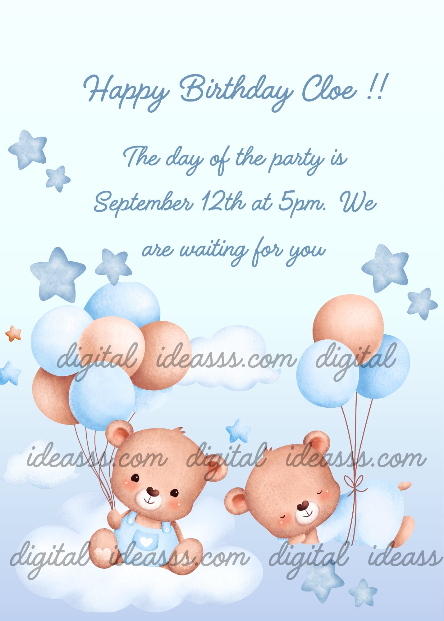 Two teddy bears in the clouds with balloons. One of them has fallen asleep. Printable birthday card for kids 1-9.