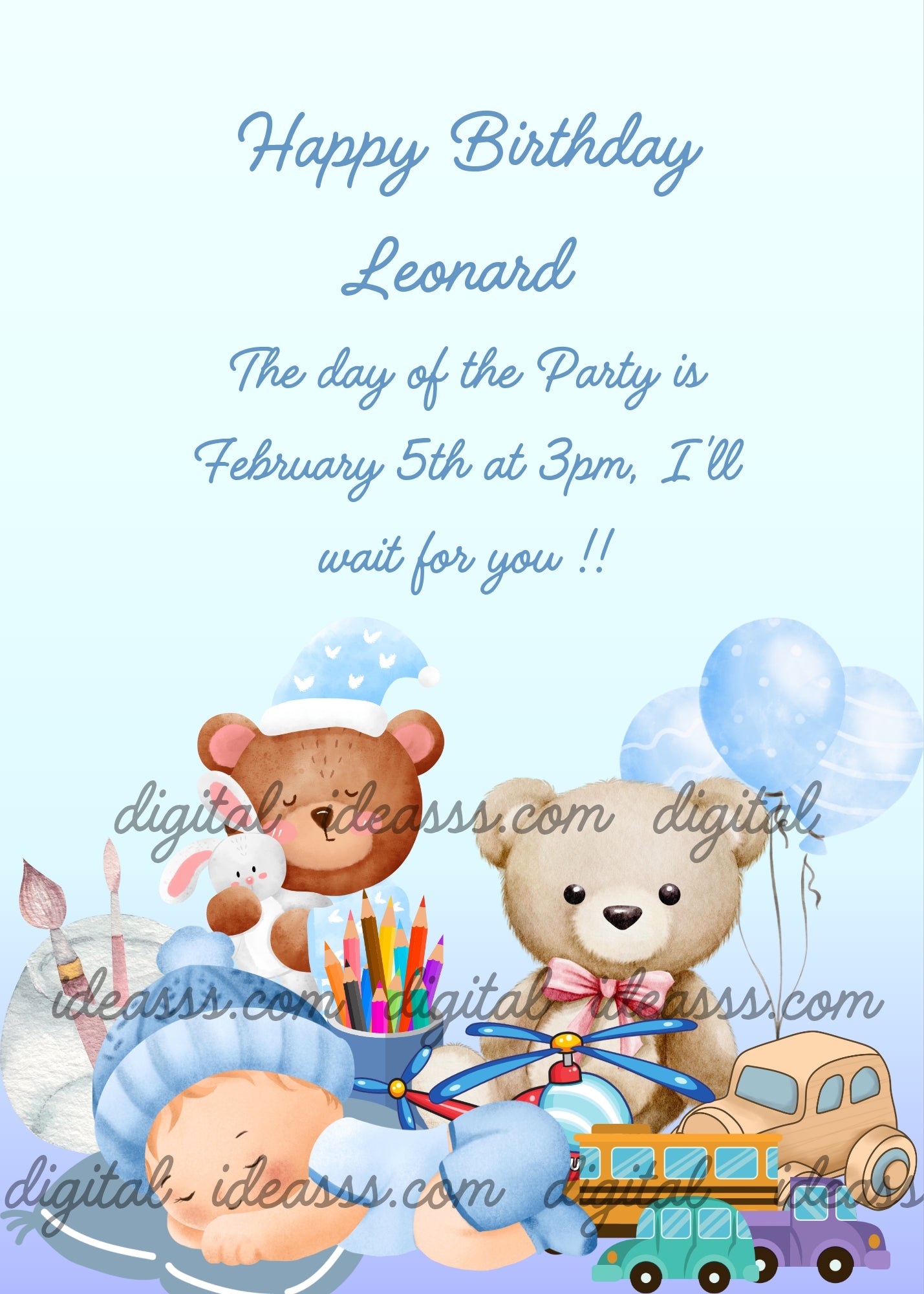 Child feel asleep among his toys. Teddy bears, cars, and balloons. Printable birthday card for boys 1-8.