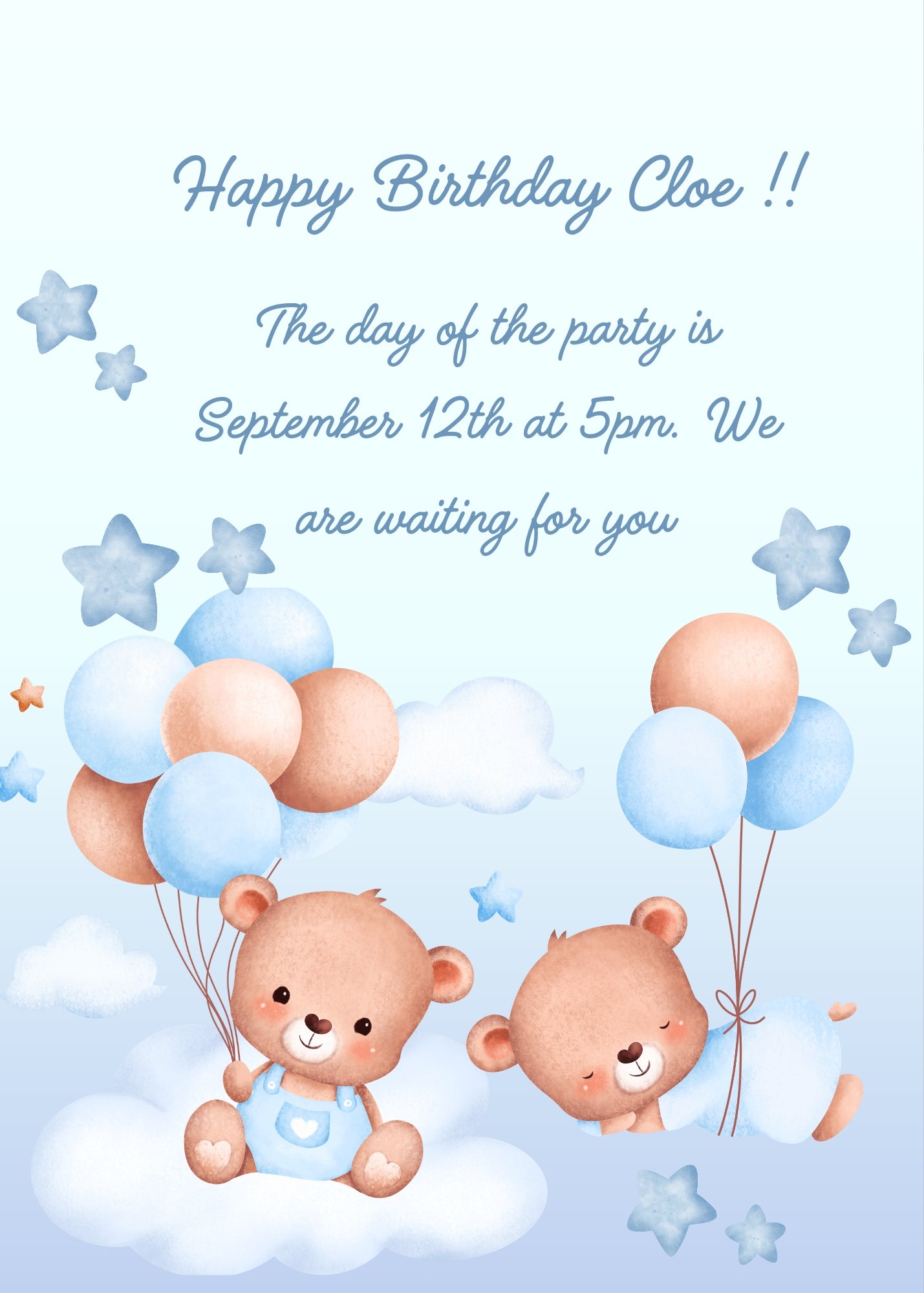 Two cute teddy bears flying on a clouds with balloons. One is sitting on a cloud, the other is sleeping. Printable birthday card for kids 1-9.