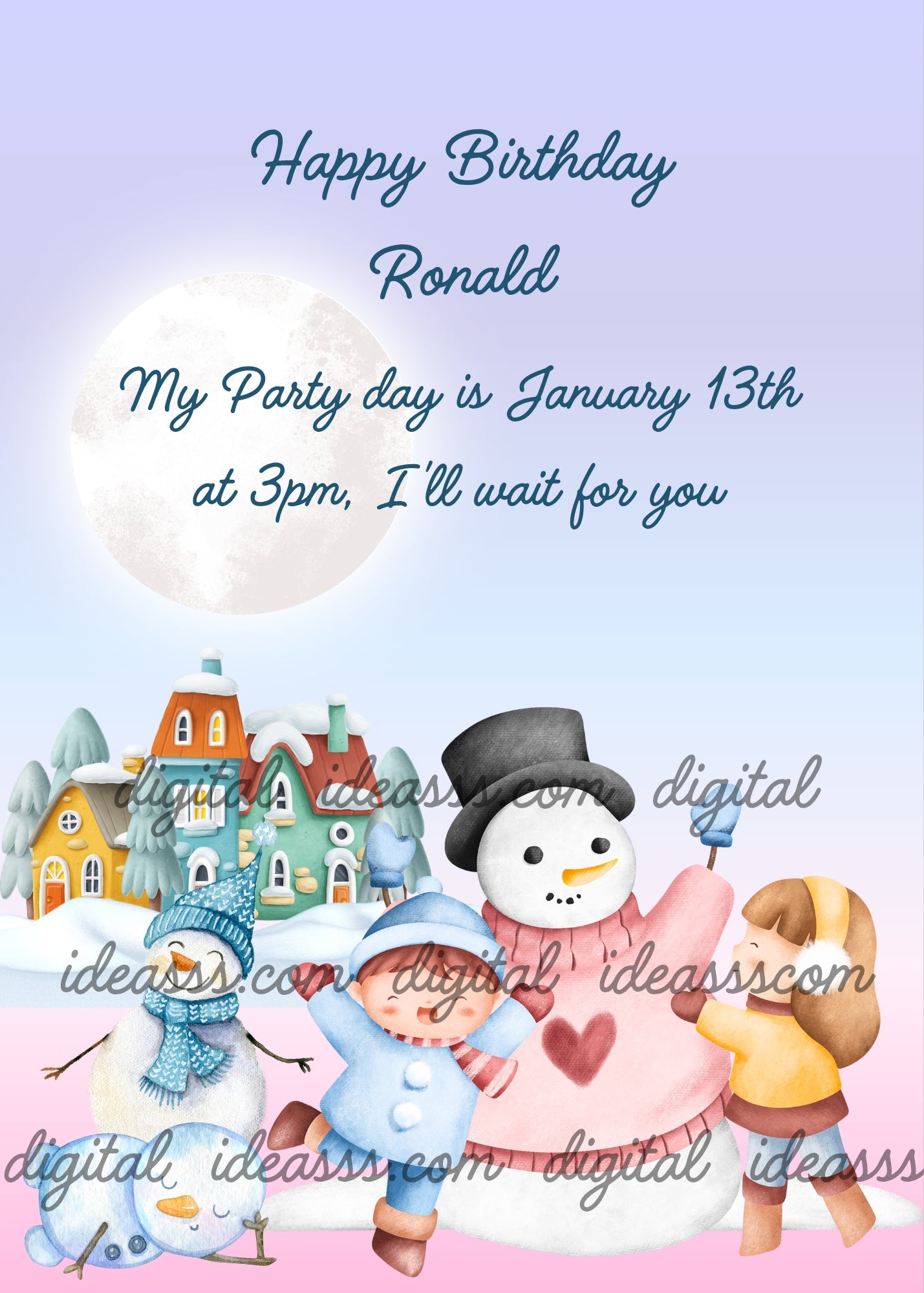 Snowy landscape, moon in the background, and two happy children building snowman. Printable birthday card for kids 1-12.