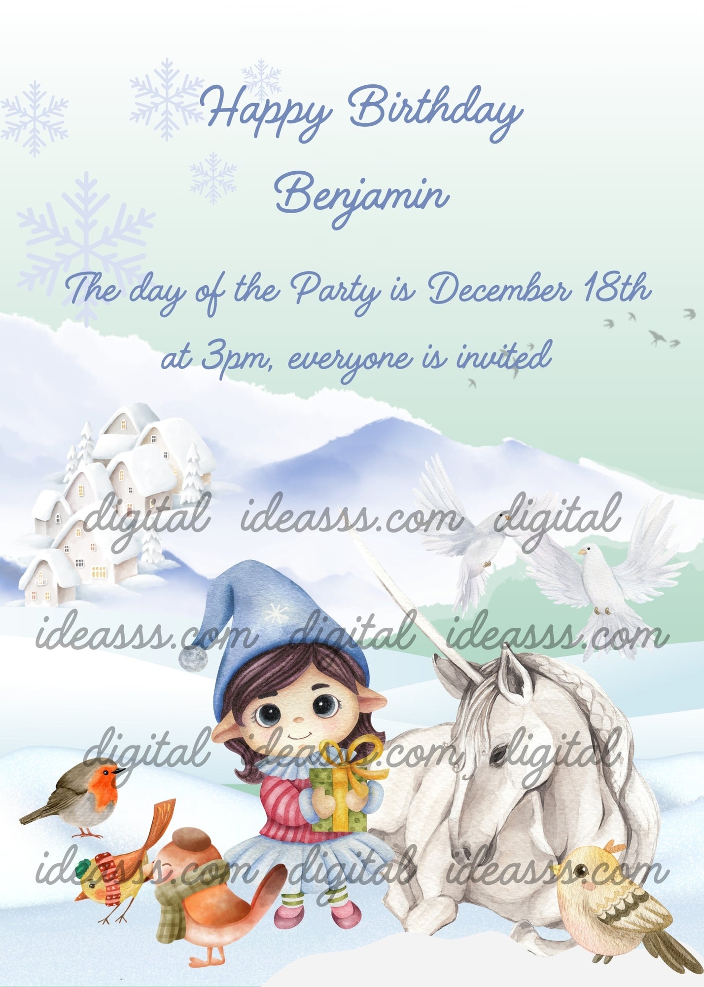 A fairy holds a gift; next to it a white unicorn. Background with snowy landscape. Printable birthday card for
kids 6-12.